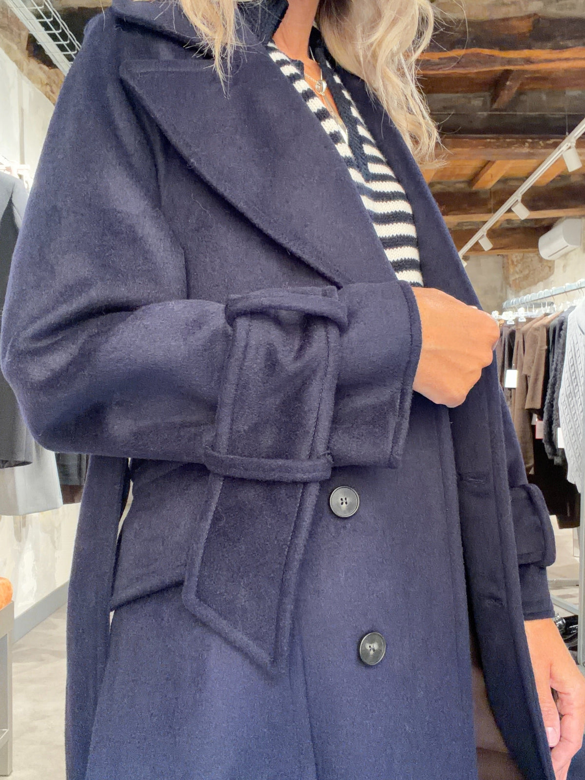 MERCI Cappotto lungo in lana stile Marina Blu Navy