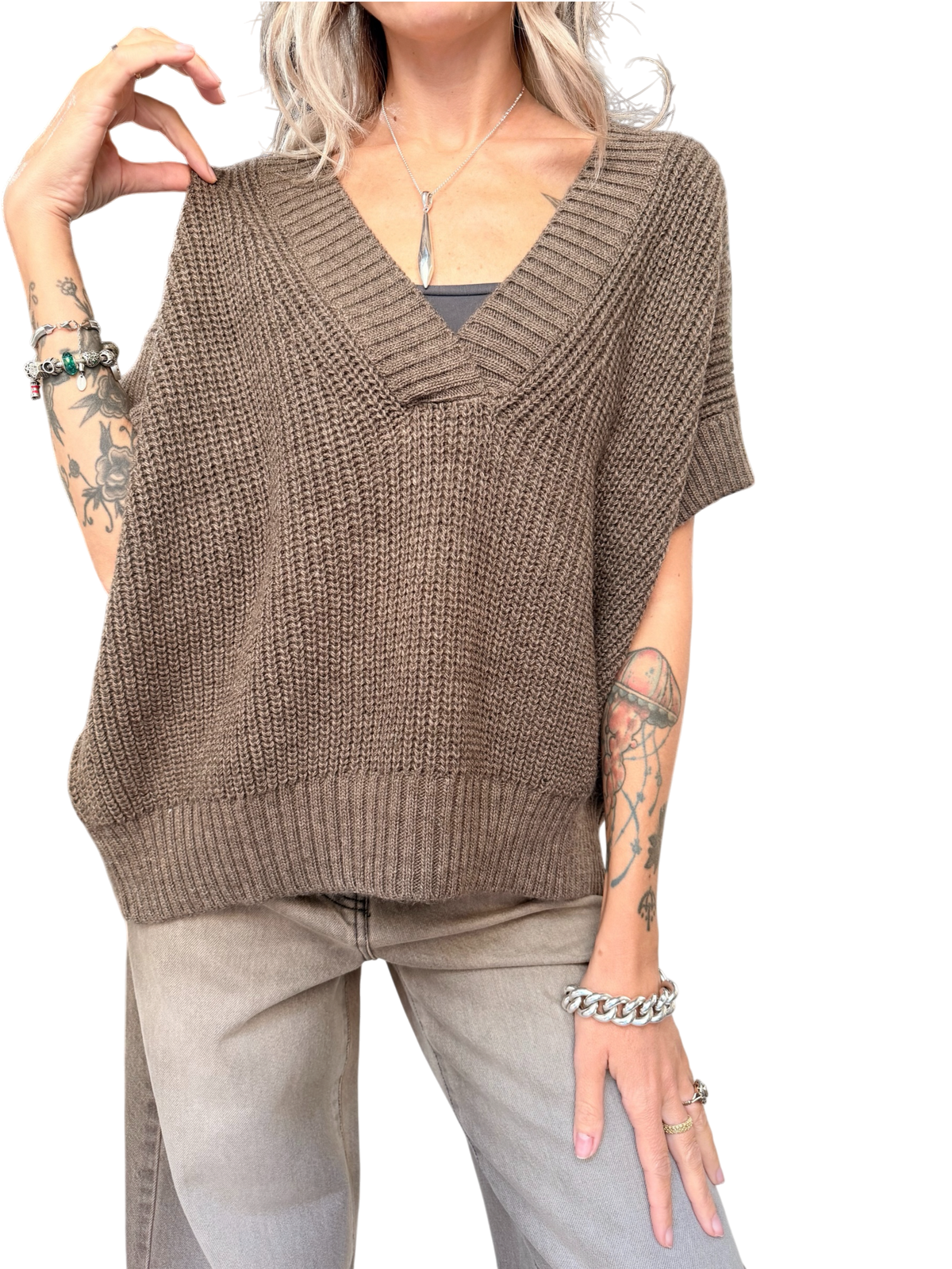 HAVE ONE Maxi Gilet Maglia Tortora