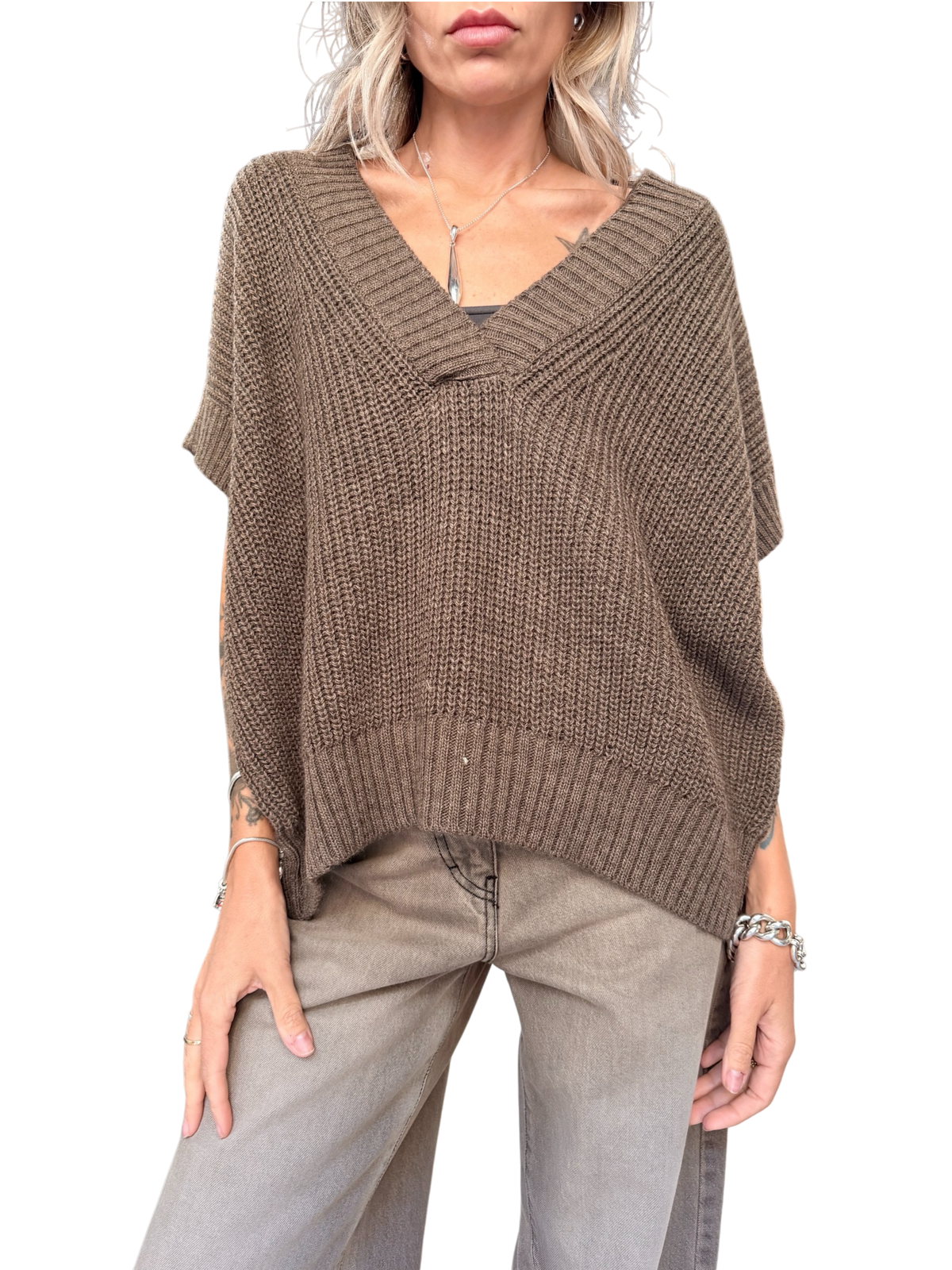 HAVE ONE Maxi Gilet Maglia Tortora