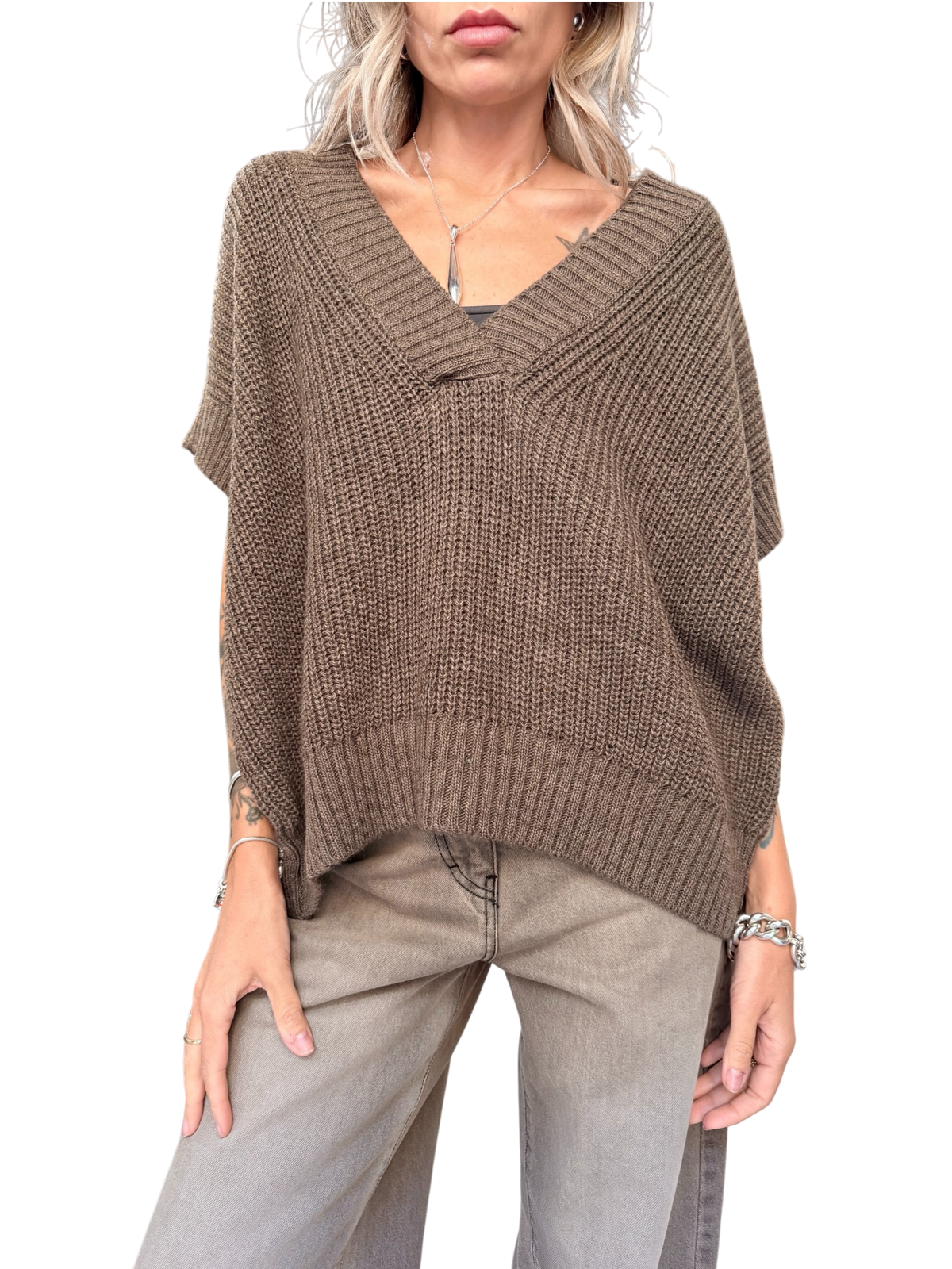 HAVE ONE Maxi Gilet Maglia Tortora