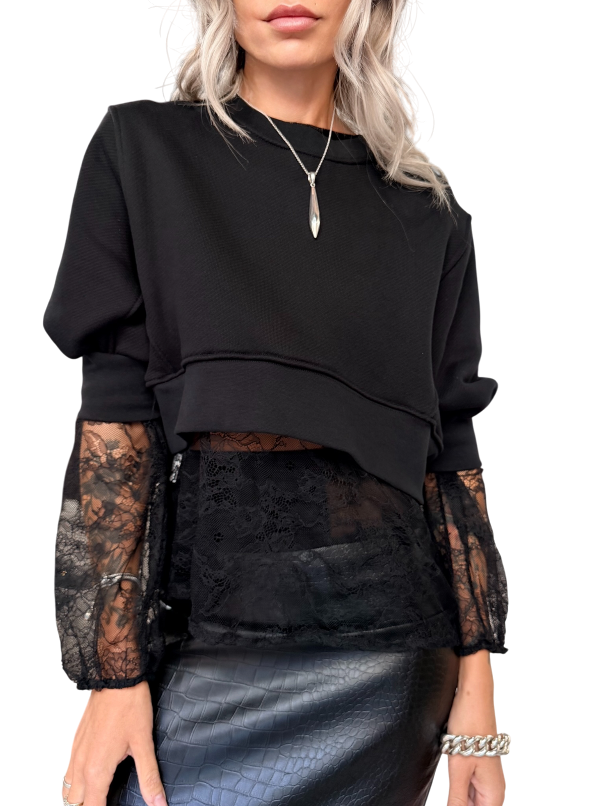 HAVE ONE Felpa crop pizzo nera