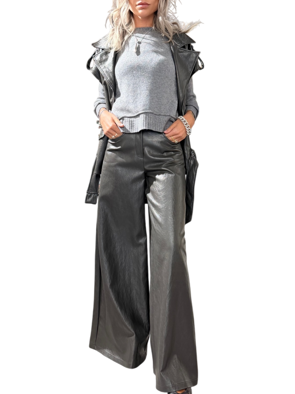 HAVE ONE Pantalone ecopelle grigio