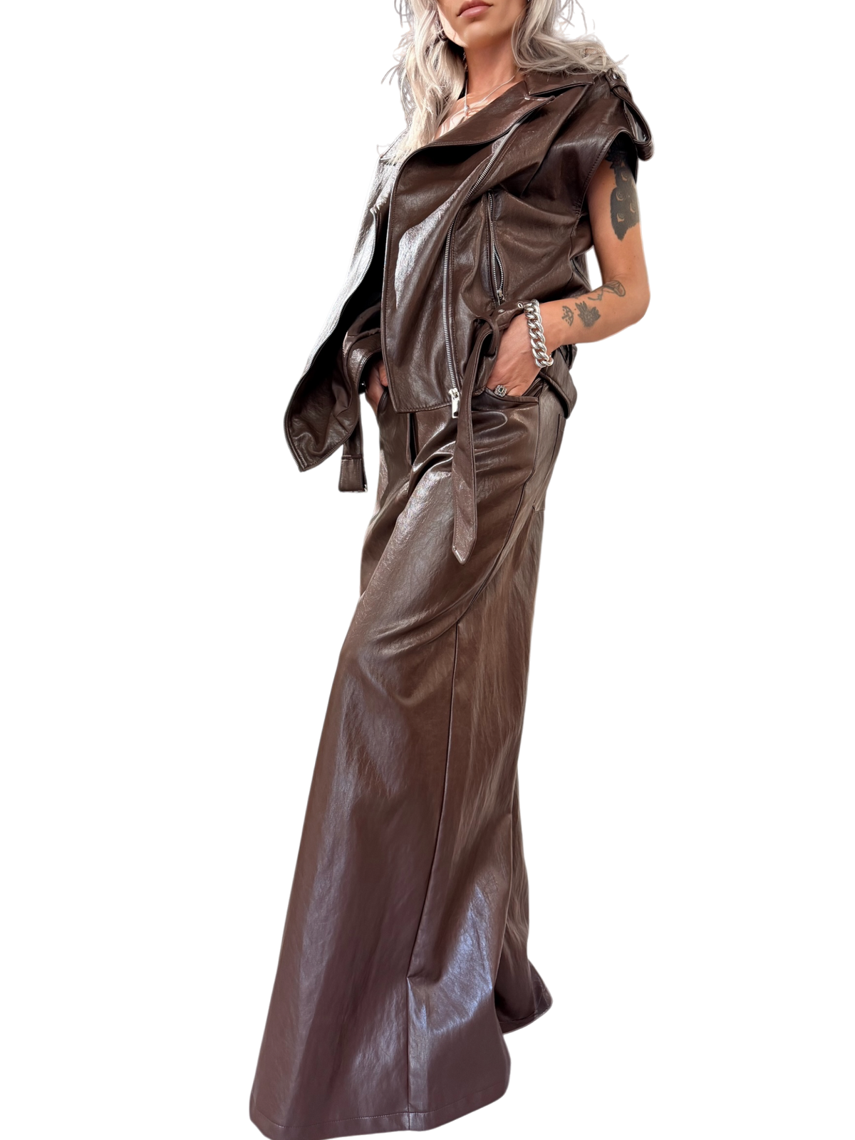 HAVE ONE Pantalone ecopelle marrone