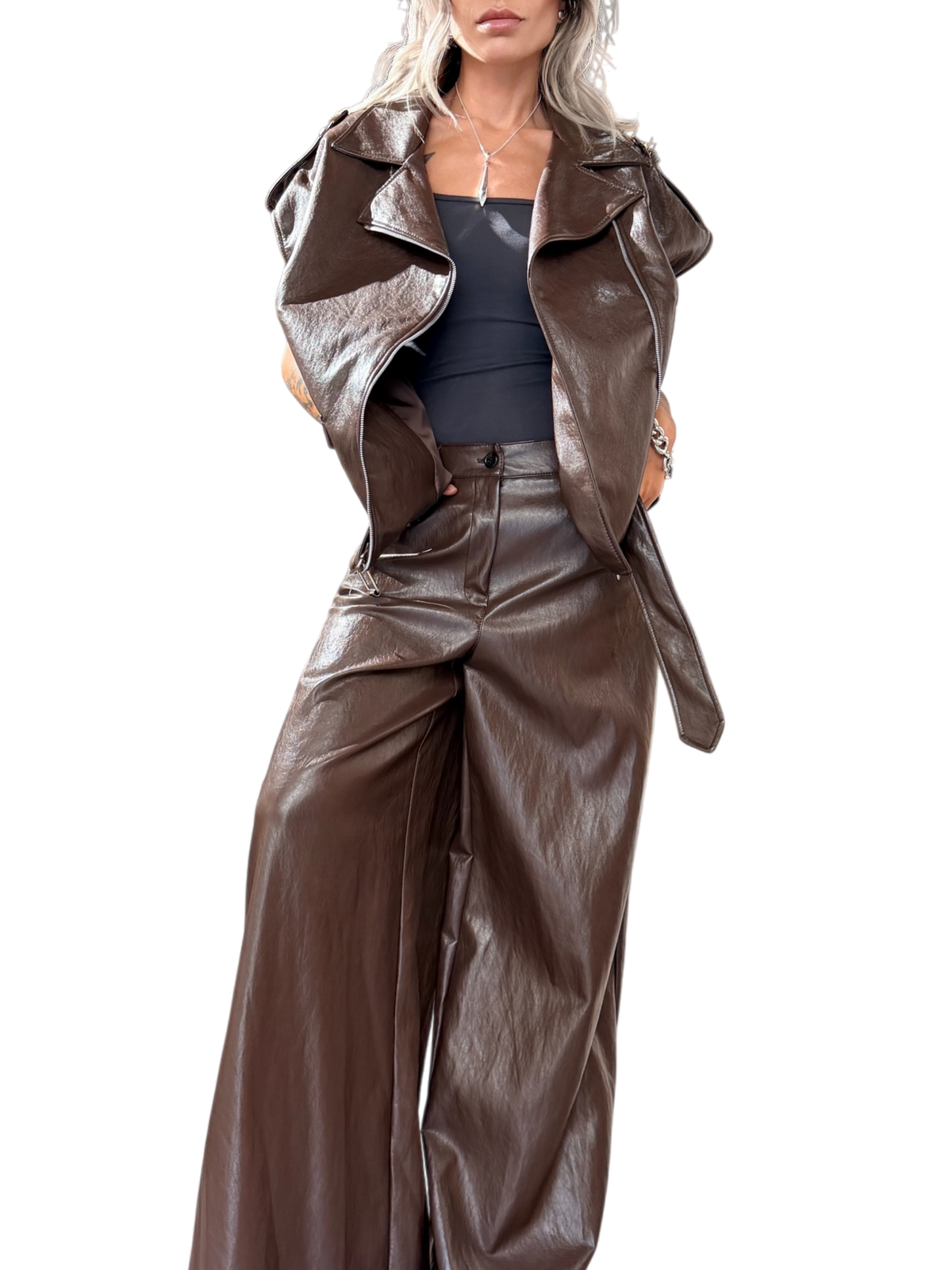 HAVE ONE Pantalone ecopelle marrone