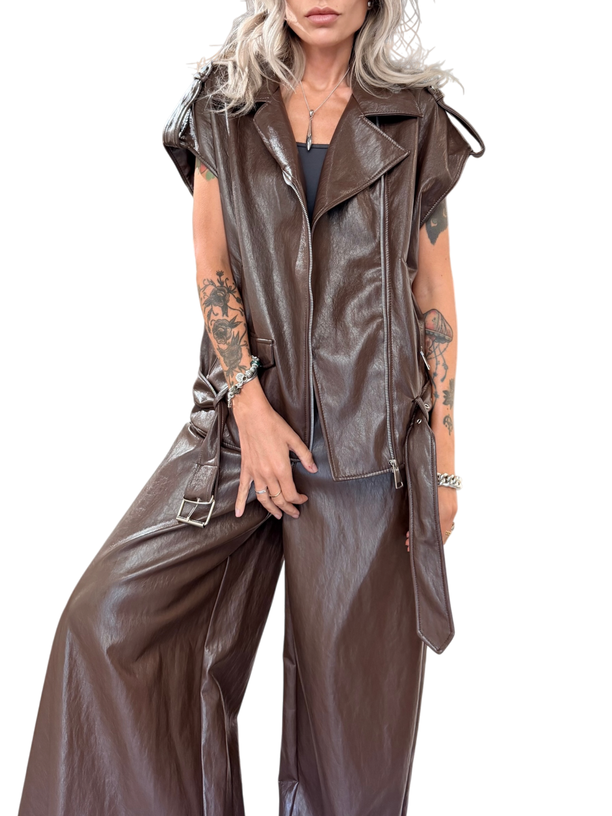 HAVE ONE Pantalone ecopelle marrone