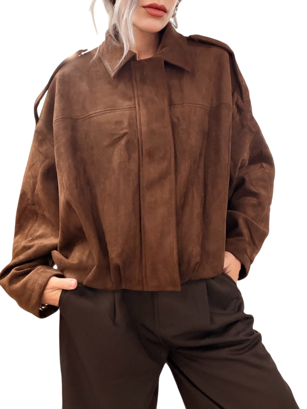 GLAMOROUS  Cropped Suede Bomber Jacket Marrone