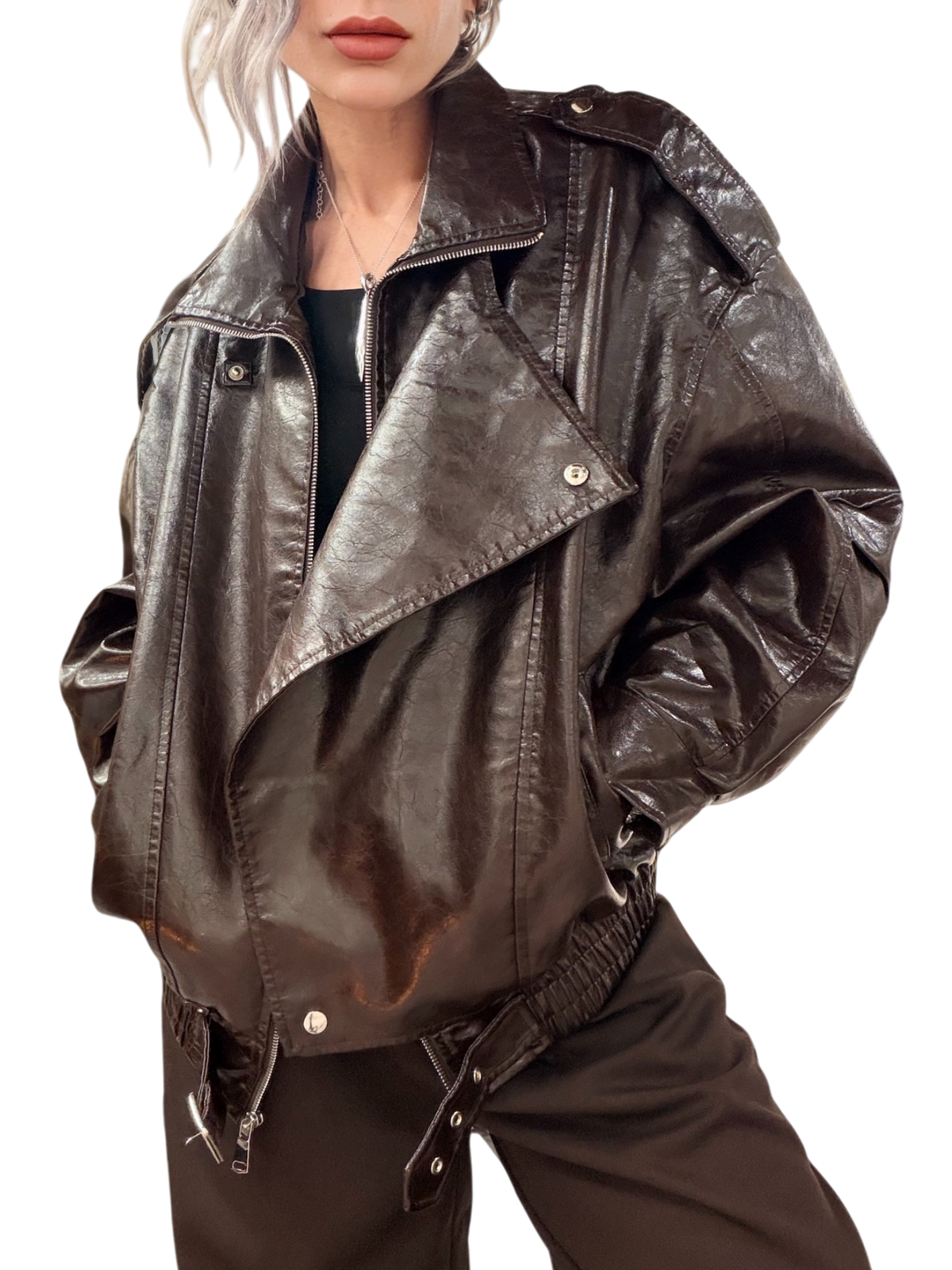 GLAMOROUS  Oversized Boxy Biker Jacket Marrone
