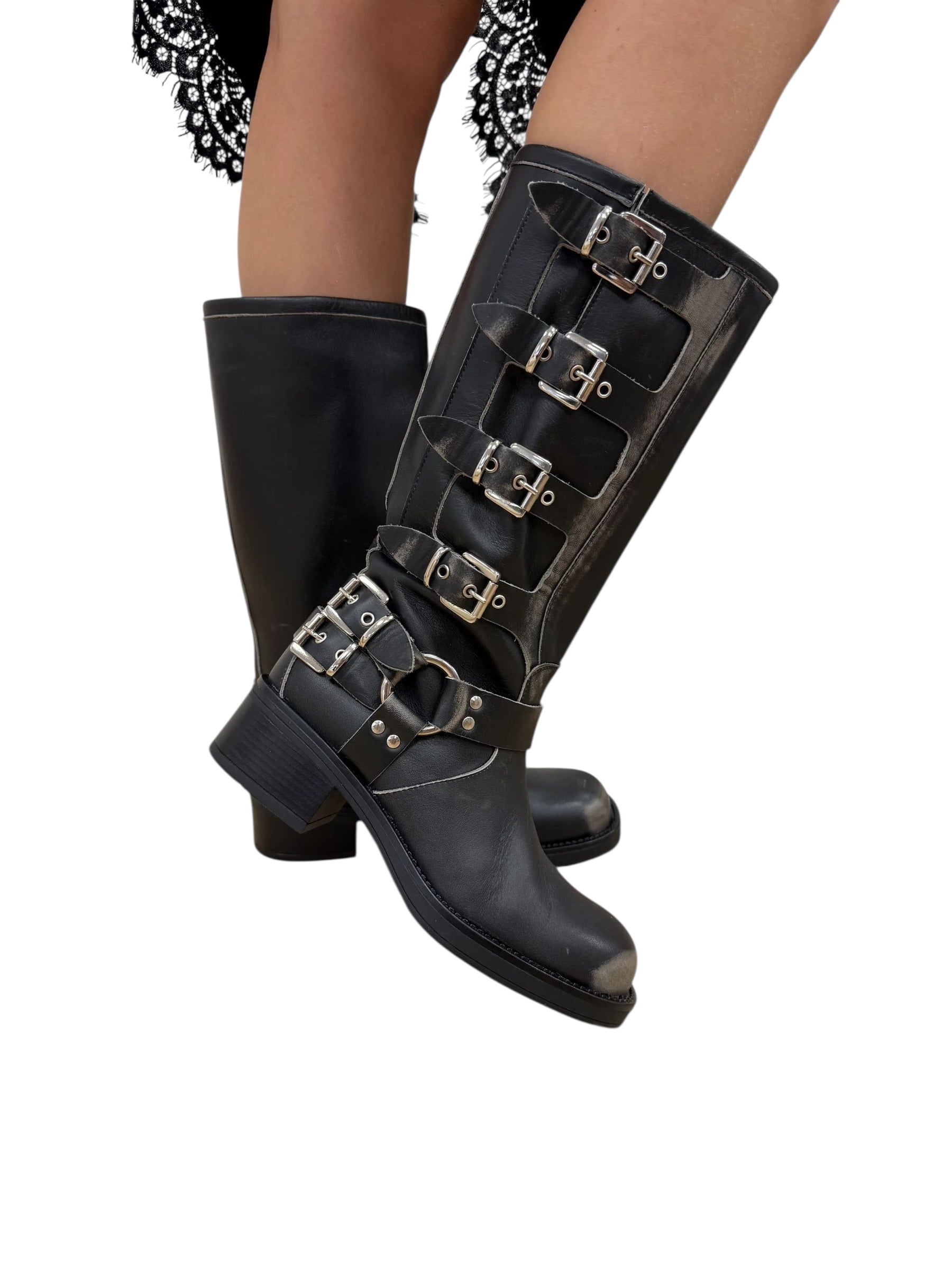 OvyÃ© Biker con fibbie in pelle fumo