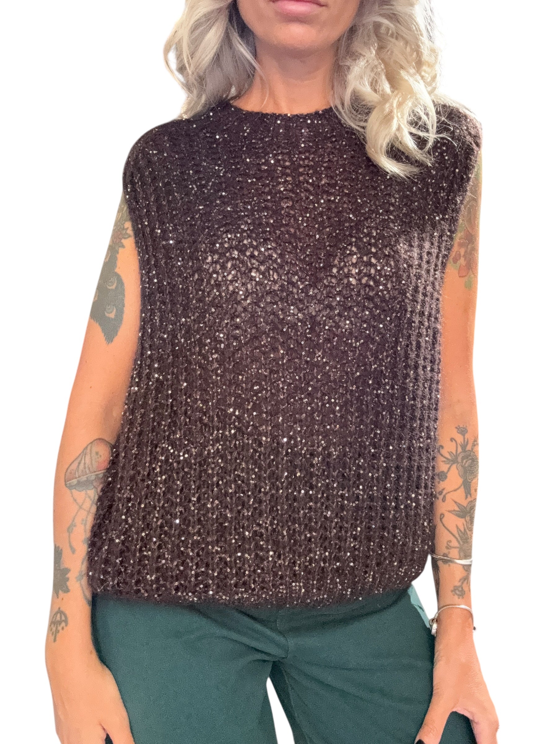TENSIONE IN Gilet in maglia con paillettes moro