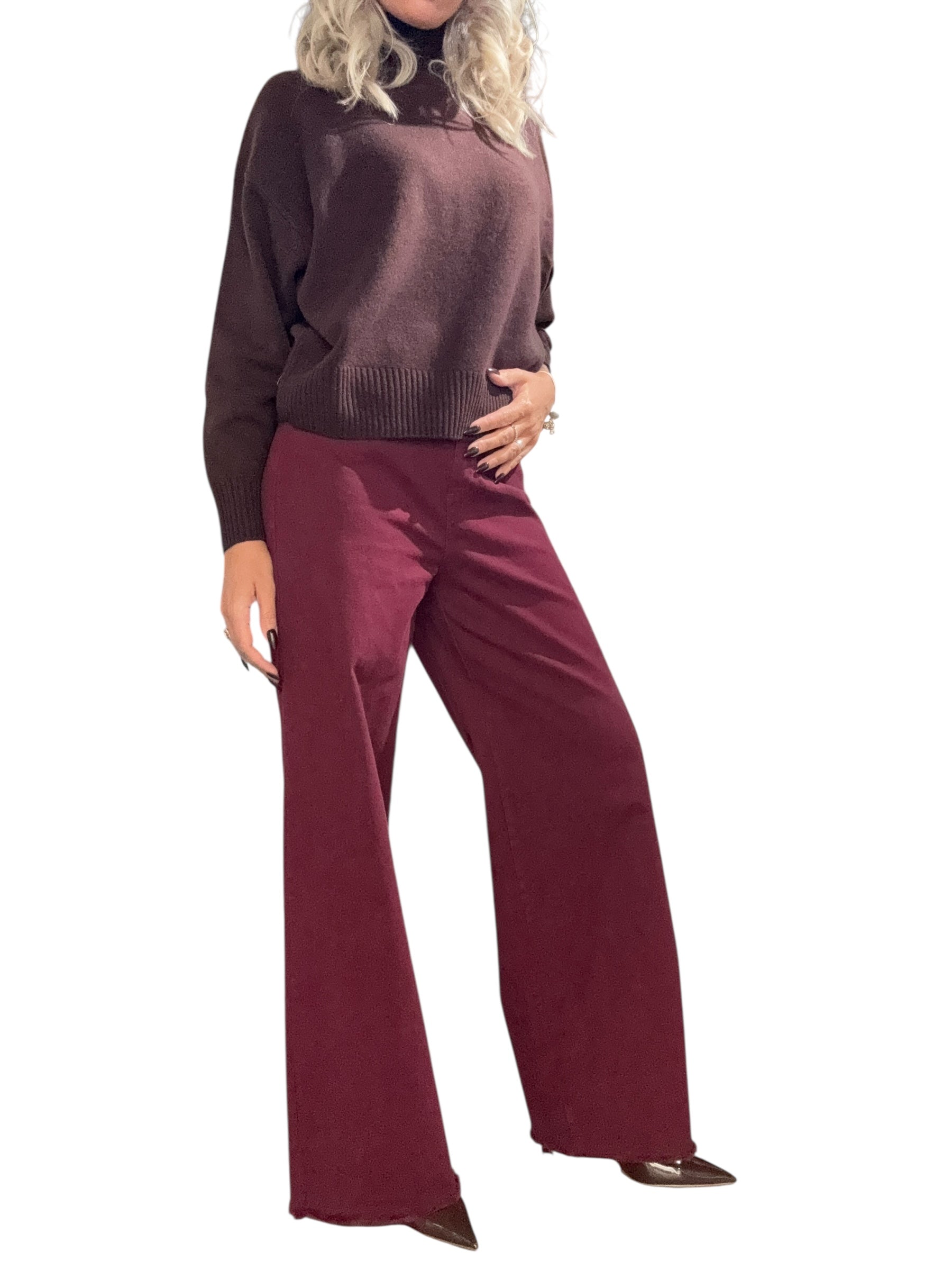 TENSIONE IN Pantalone palazzo bordeaux orlo sfrangiato