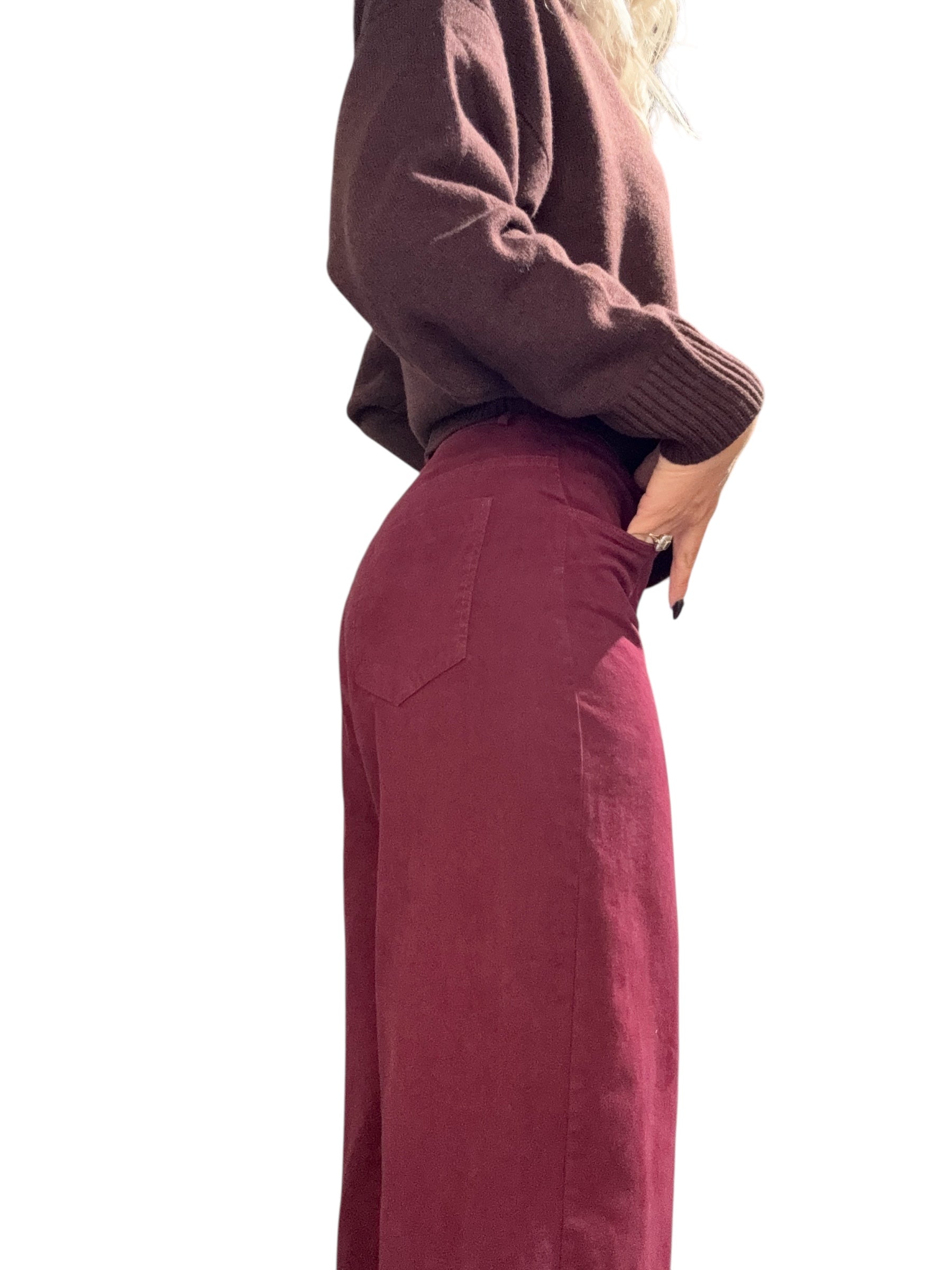 TENSIONE IN Pantalone palazzo bordeaux orlo sfrangiato