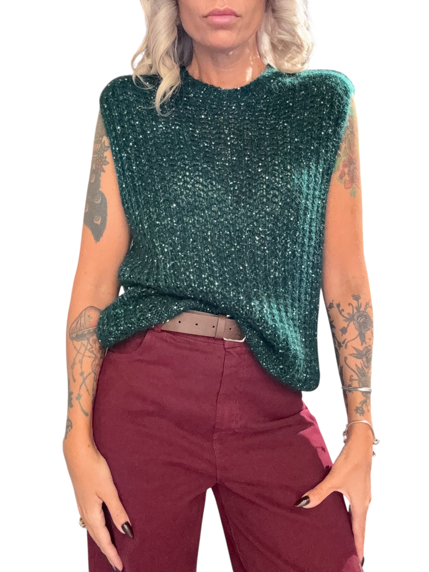 TENSIONE IN Gilet in maglia con paillettes verde