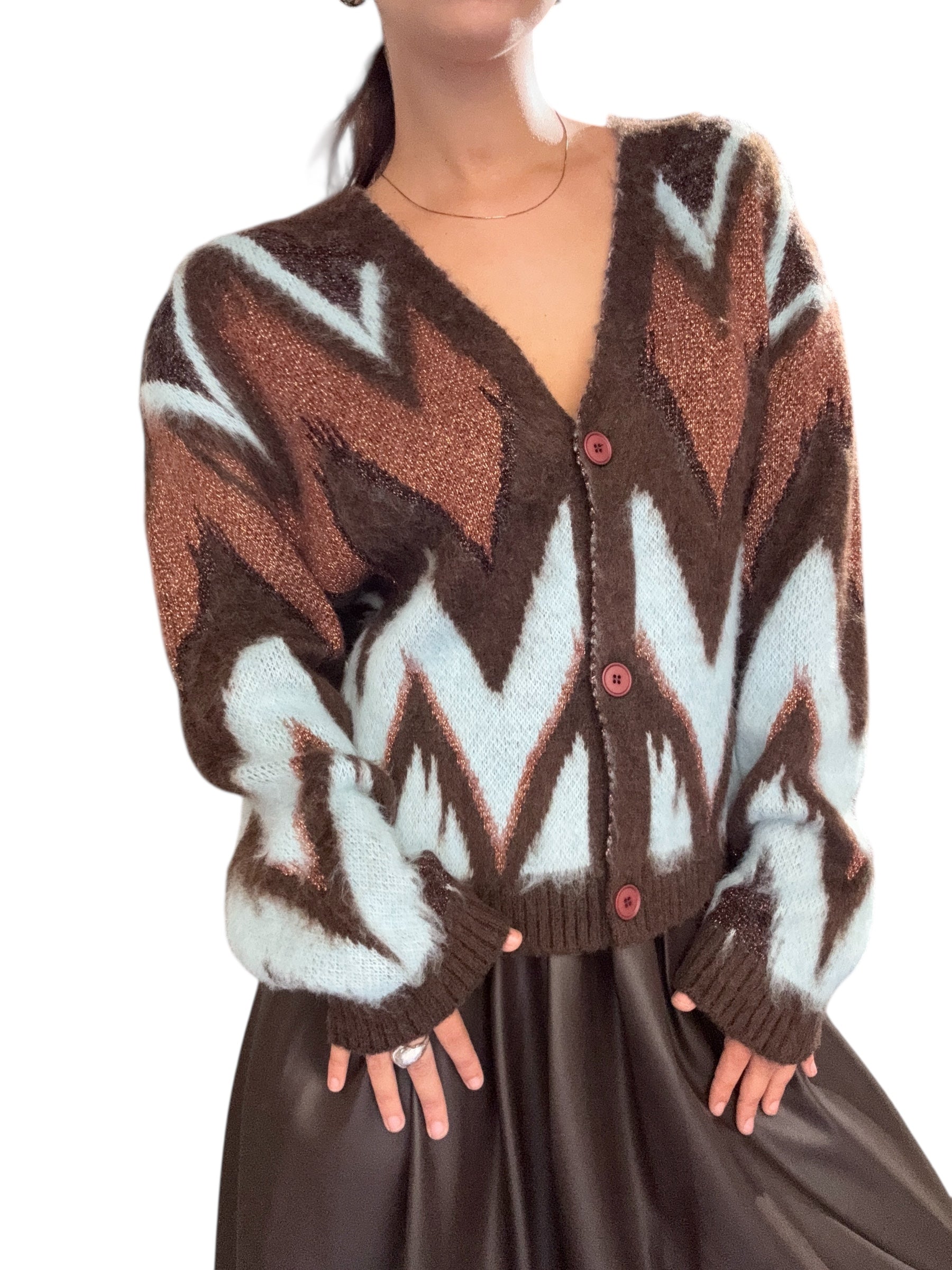 TENSIONE IN Cardigan in maglia chevron e lurex marrone