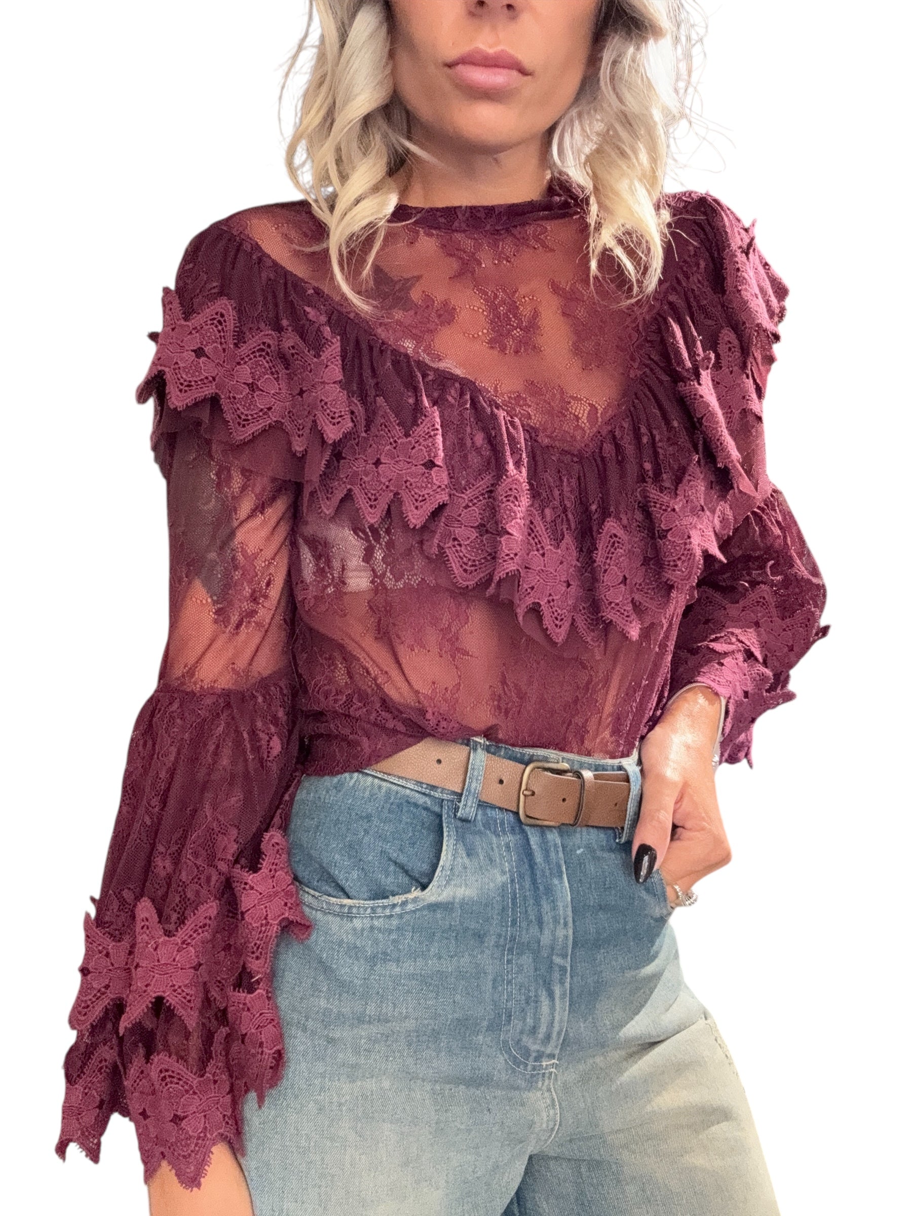 TENSIONE IN Casacca pizzo con rouches bordeaux
