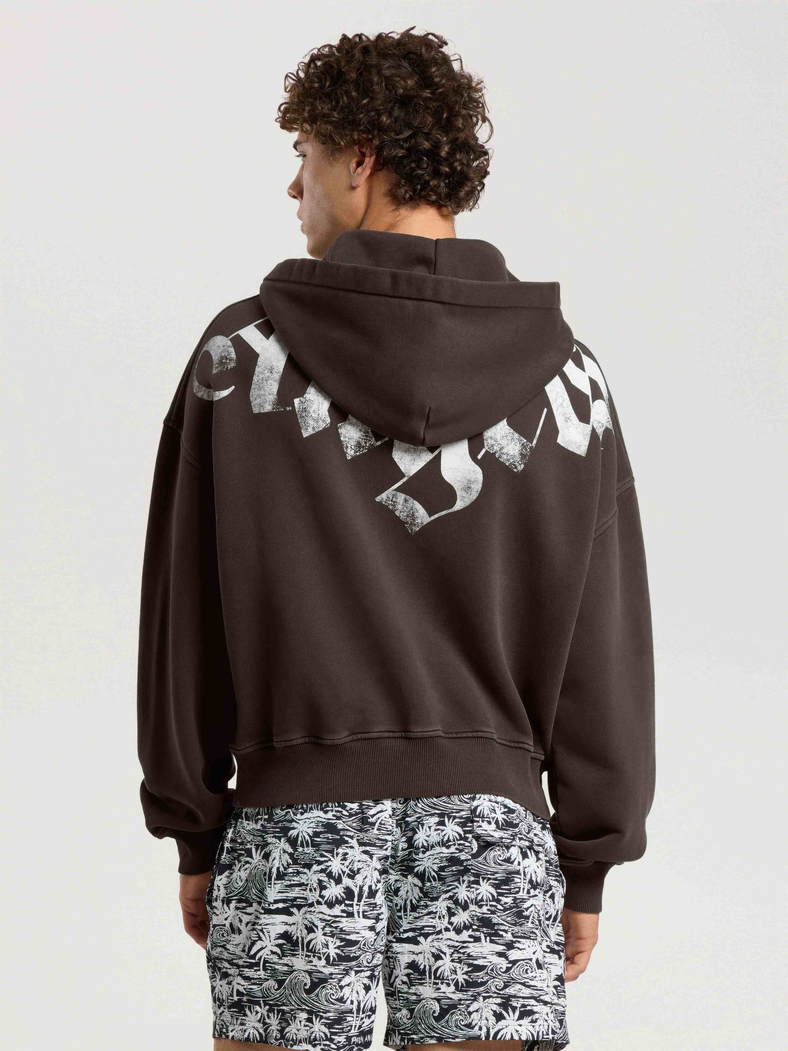 PALM ANGELS Big Neck Logo Zip Loose Hoodie BROWN - OFF WHITE
