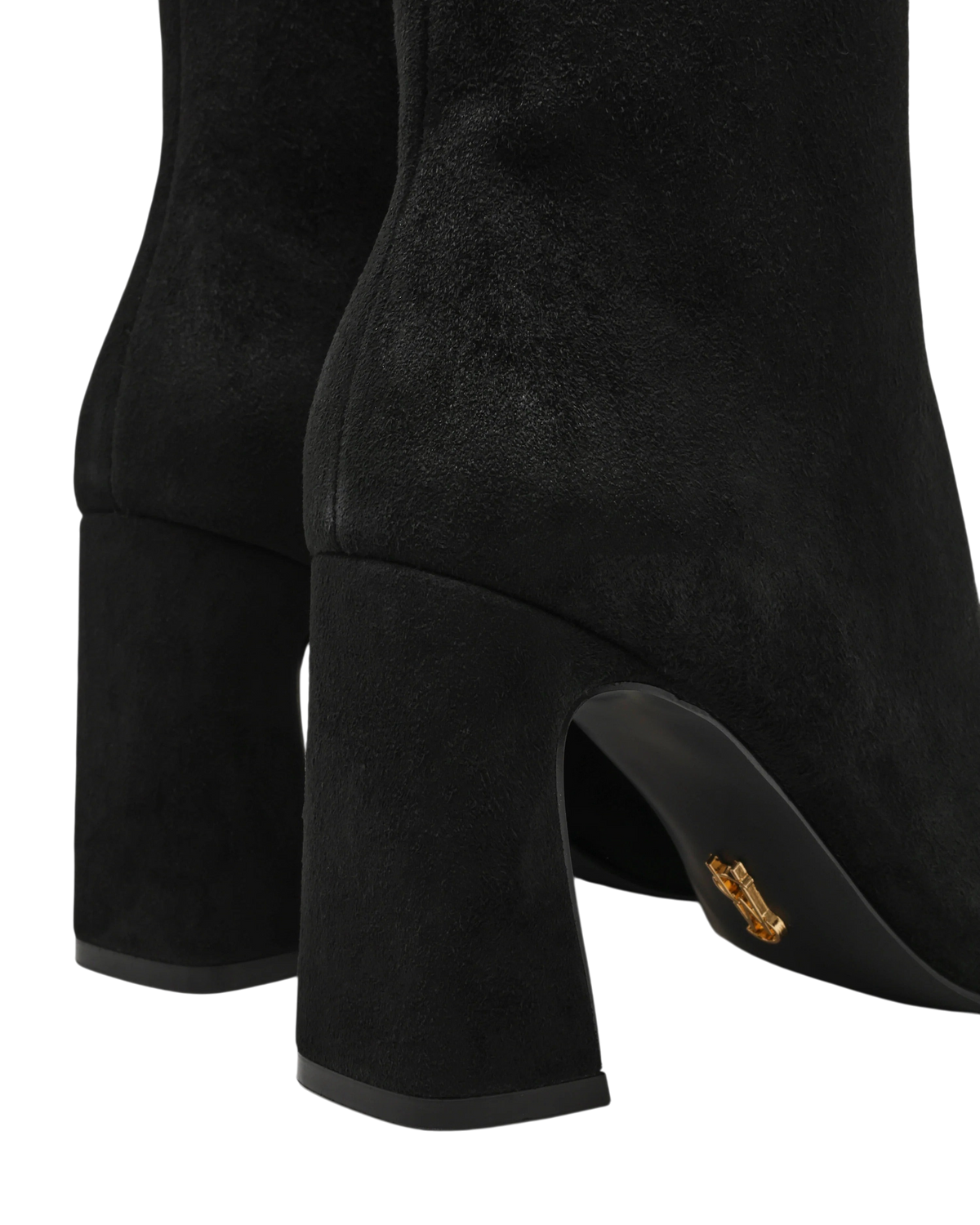Stivaletti Blaze Shop Flares in pelle scamosciata nera con tacco largo da 8,5 cm e dettaglio logo dorato