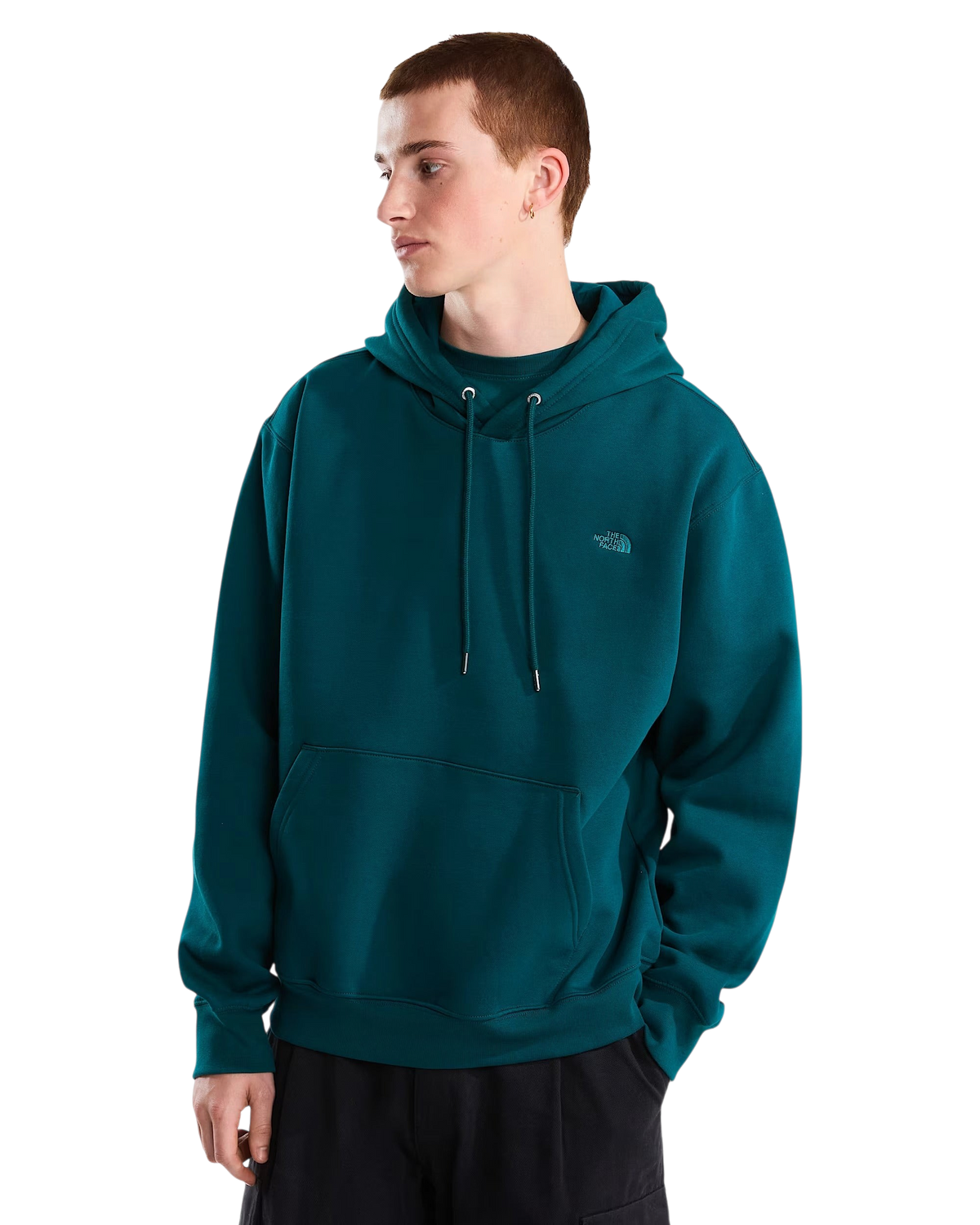 Modello indossa felpa con cappuccio Blaze Shop The North Face in misto cotone color verde acqua con logo ricamato