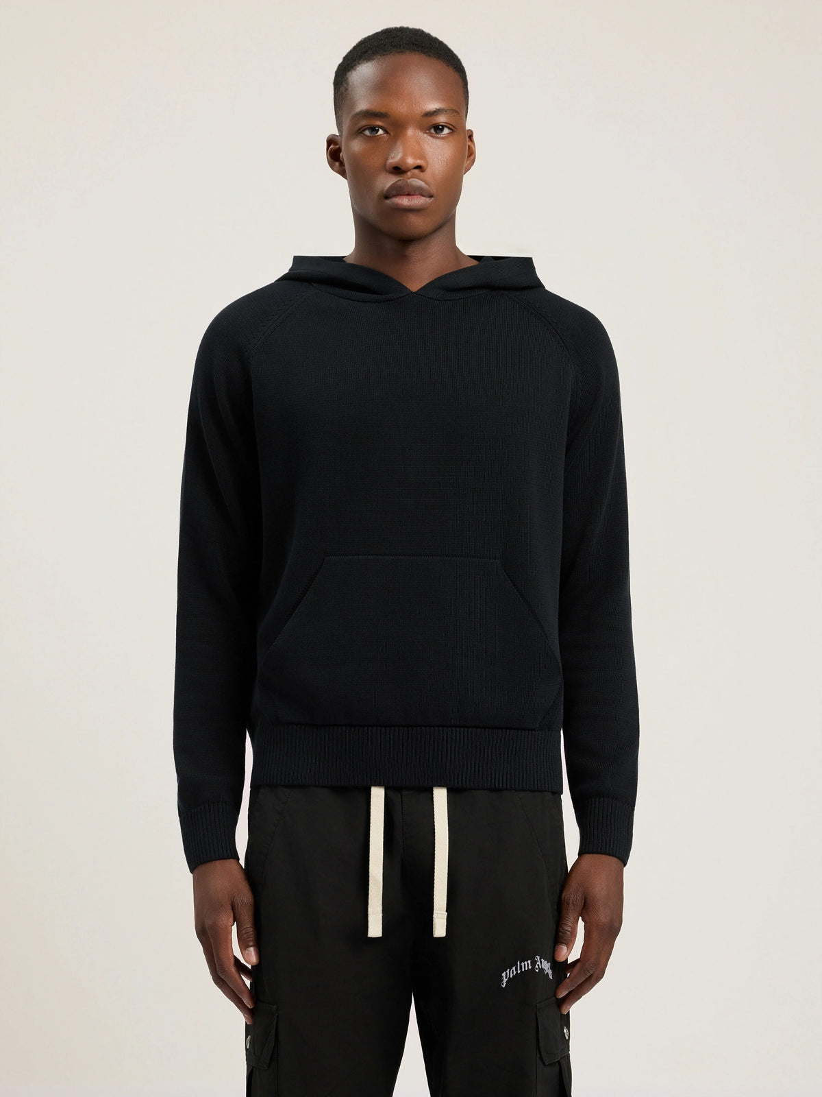 PALM ANGELS Curved Logo Regular Knit Hoodie BLACK - OFF WHITE