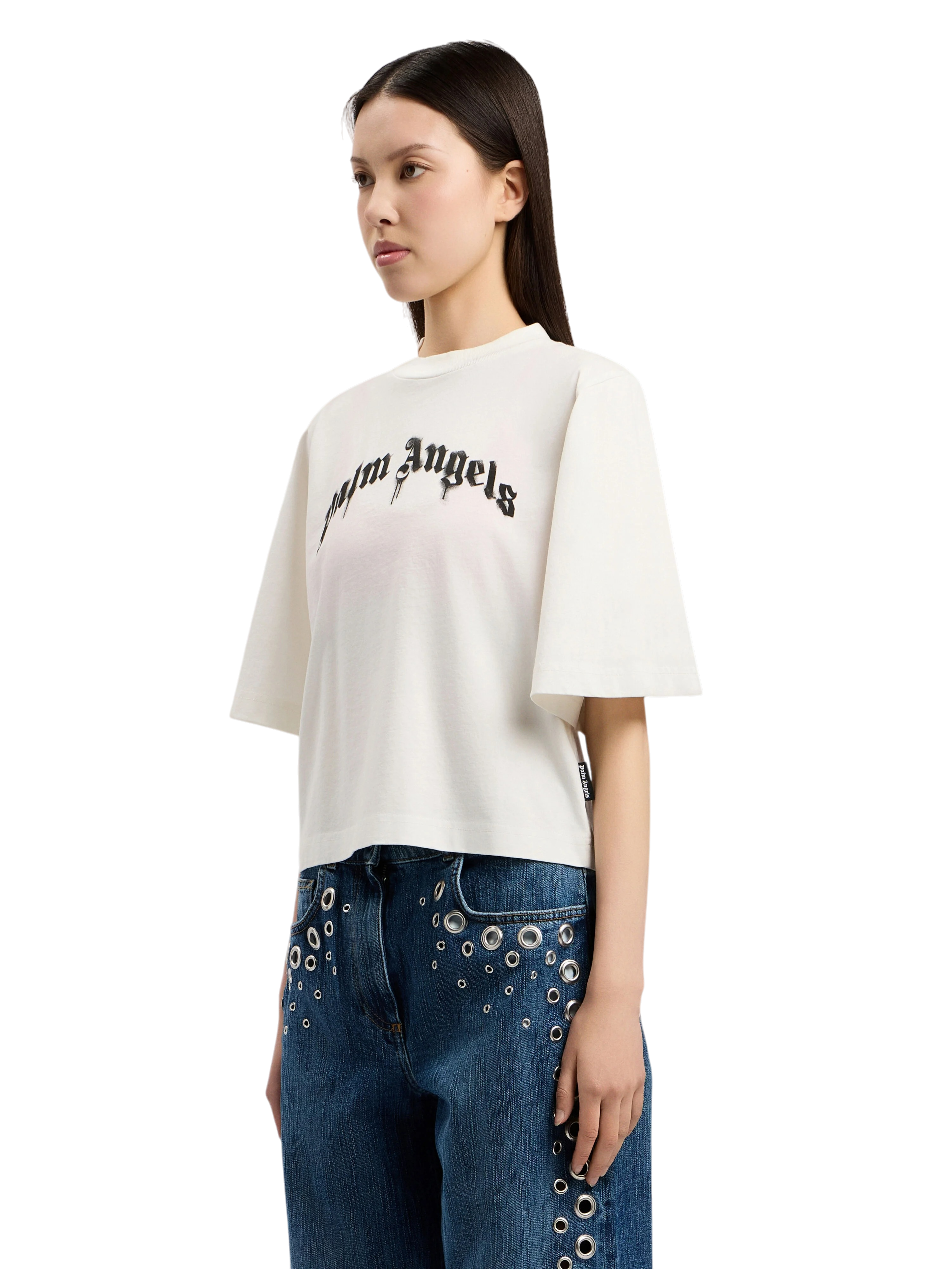 PALM ANGELS Curved Logo Boxy T-Shirt Off White Black