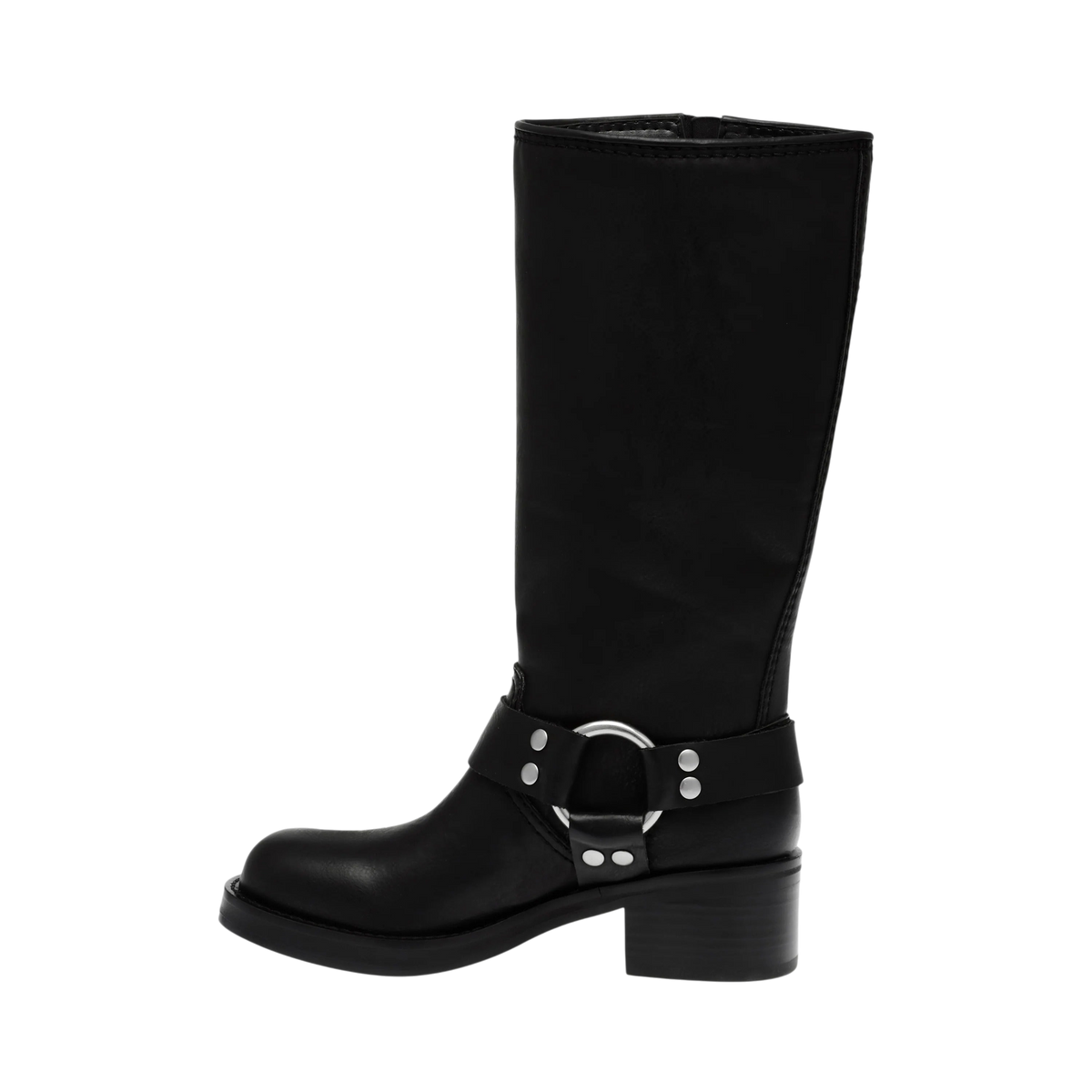 Stivale biker Blaze Shop Eastern nero in similpelle al ginocchio con cinturino, fibbia metallica e tacco da 4 cm