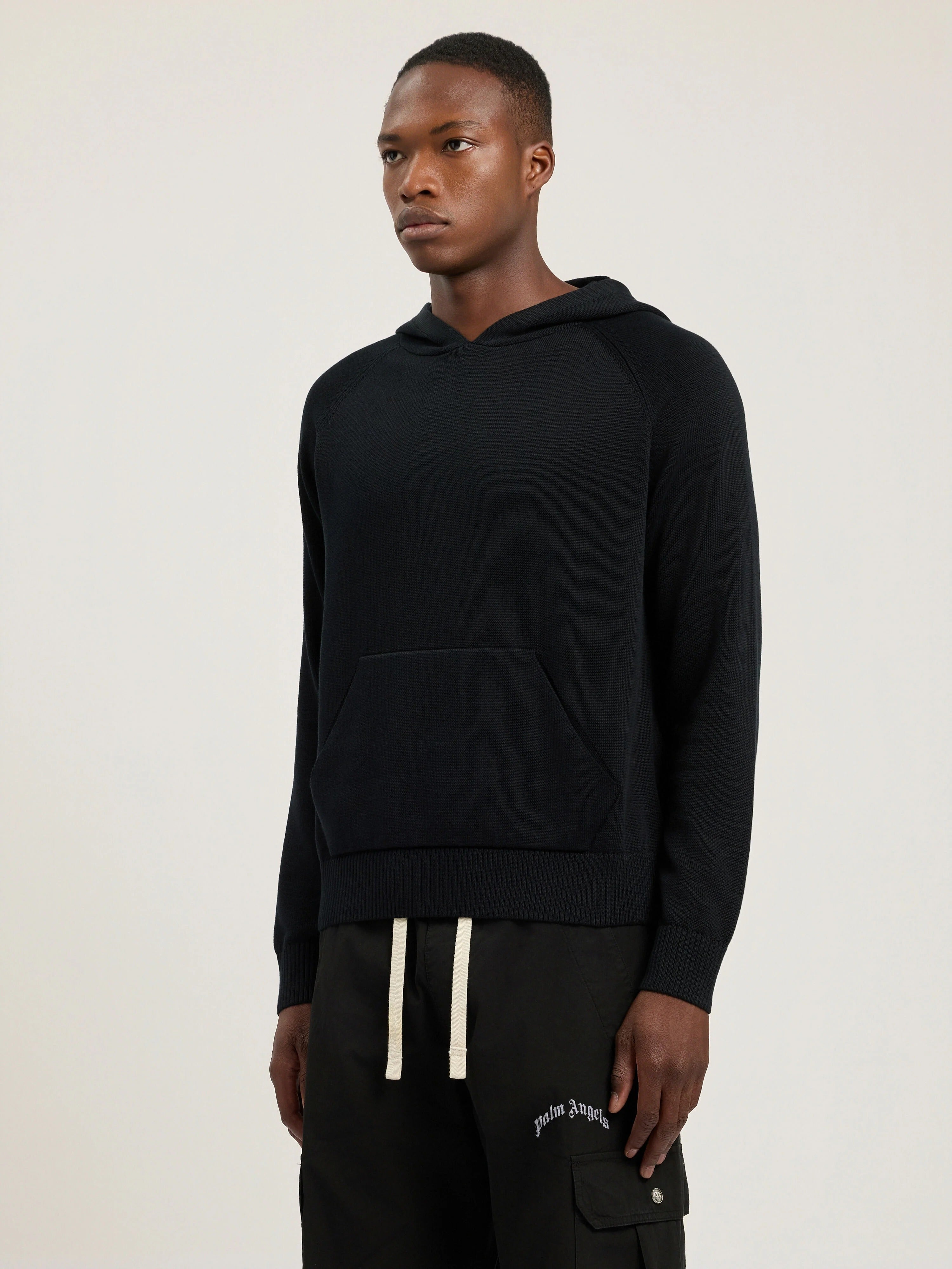 PALM ANGELS Curved Logo Regular Knit Hoodie BLACK - OFF WHITE