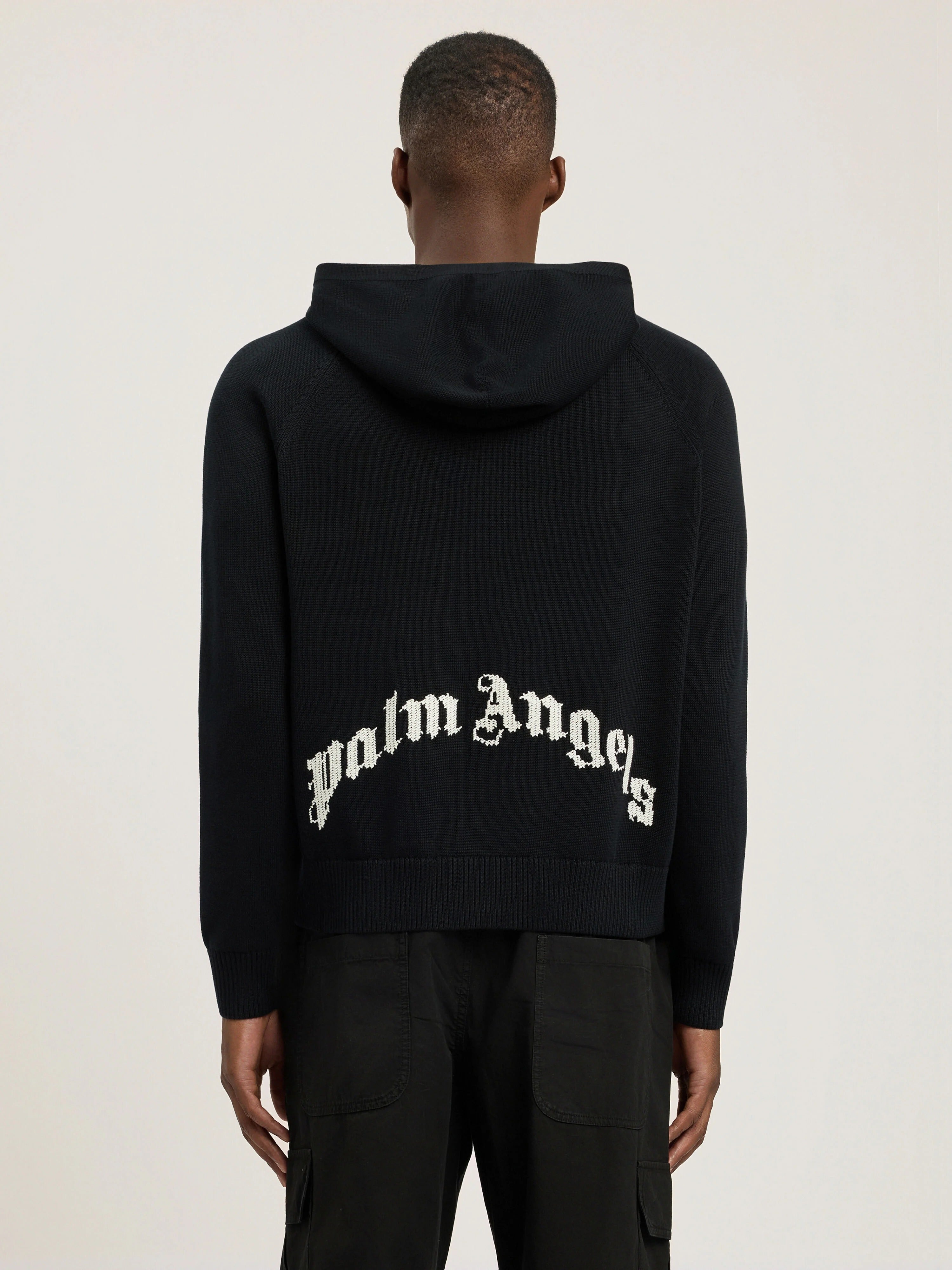 PALM ANGELS Curved Logo Regular Knit Hoodie BLACK - OFF WHITE