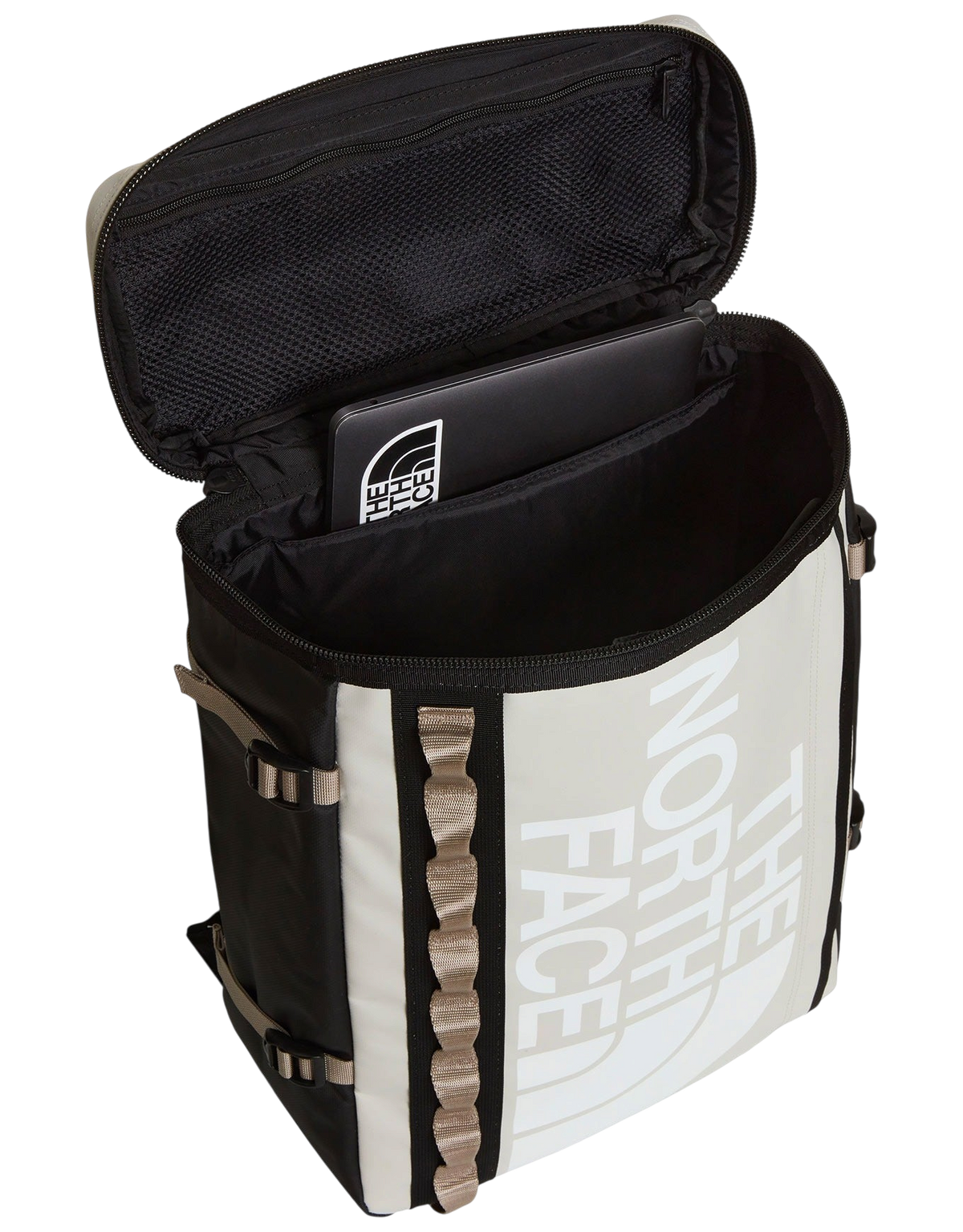 Zaino Blaze Shop The North Face Base Camp Fuse Box bianco e nero con scomparto interno per laptop aperto