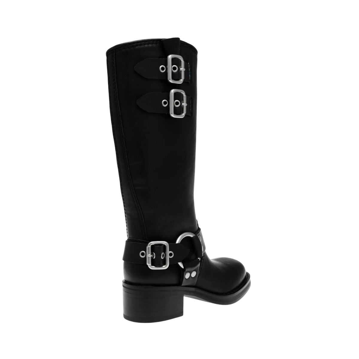 Stivale biker al ginocchio Blaze Shop nero in similpelle con fibbie metalliche e tacco da 4 cm