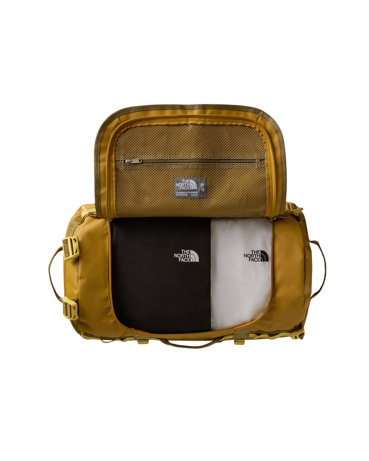 Borsone Blaze Shop The North Face Base Camp 50L color sabbia aperto con scomparti interni in rete e vestiti