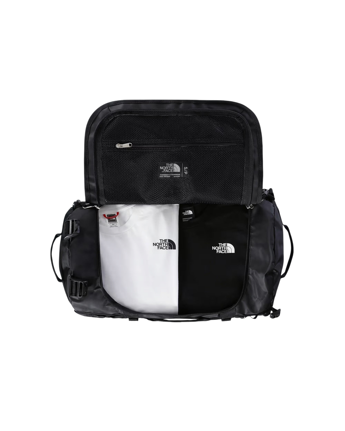 Borsone Blaze Shop The North Face Base Camp Duffel 50L nero aperto con magliette all'interno