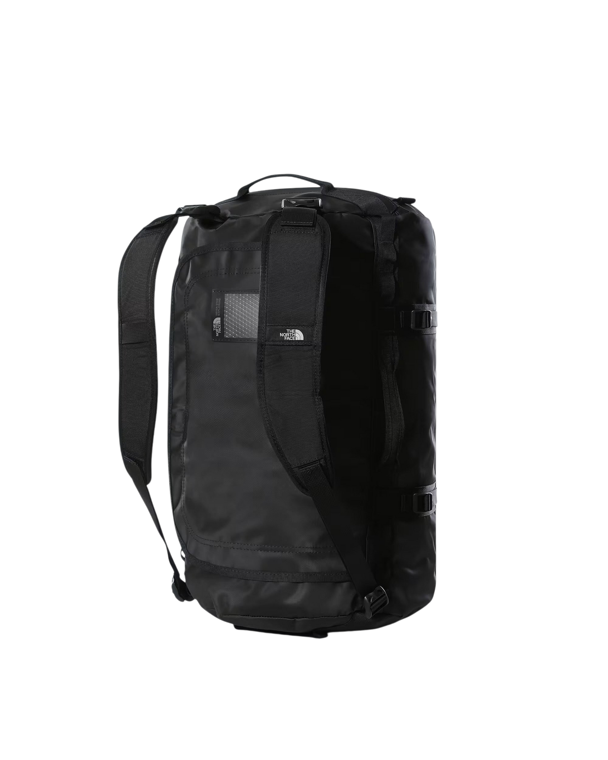 Borsone Blaze Shop The North Face Base Camp Duffel 50L nero, resistente e versatile, indossato come zaino.