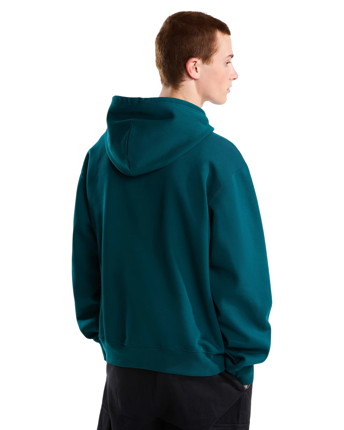 Modello indossa felpa con cappuccio Blaze Shop The North Face in misto cotone color verde petrolio, vista posteriore