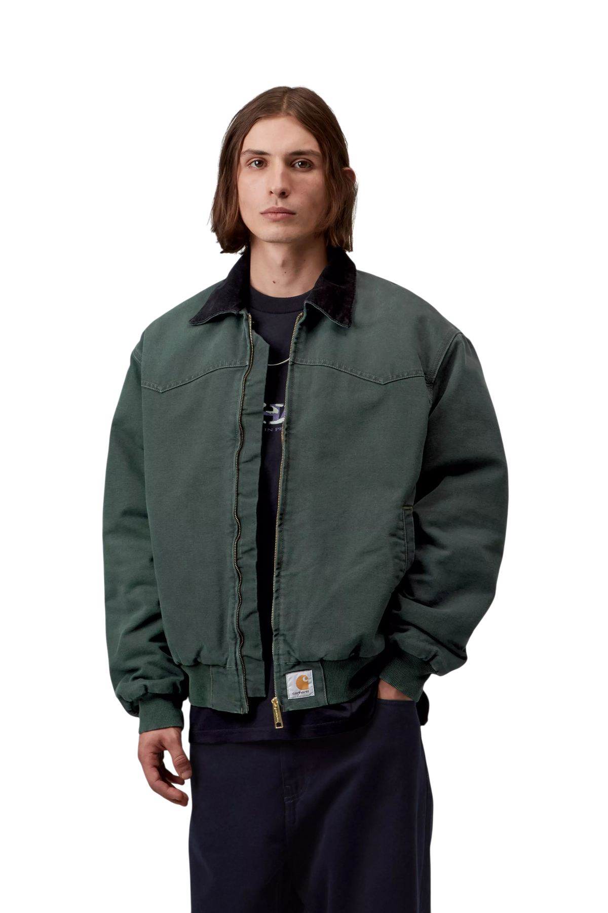 Modello indossa giacca Blaze Shop Carhartt WIP OG Santa Fe in tela di cotone verde scuro con colletto in velluto