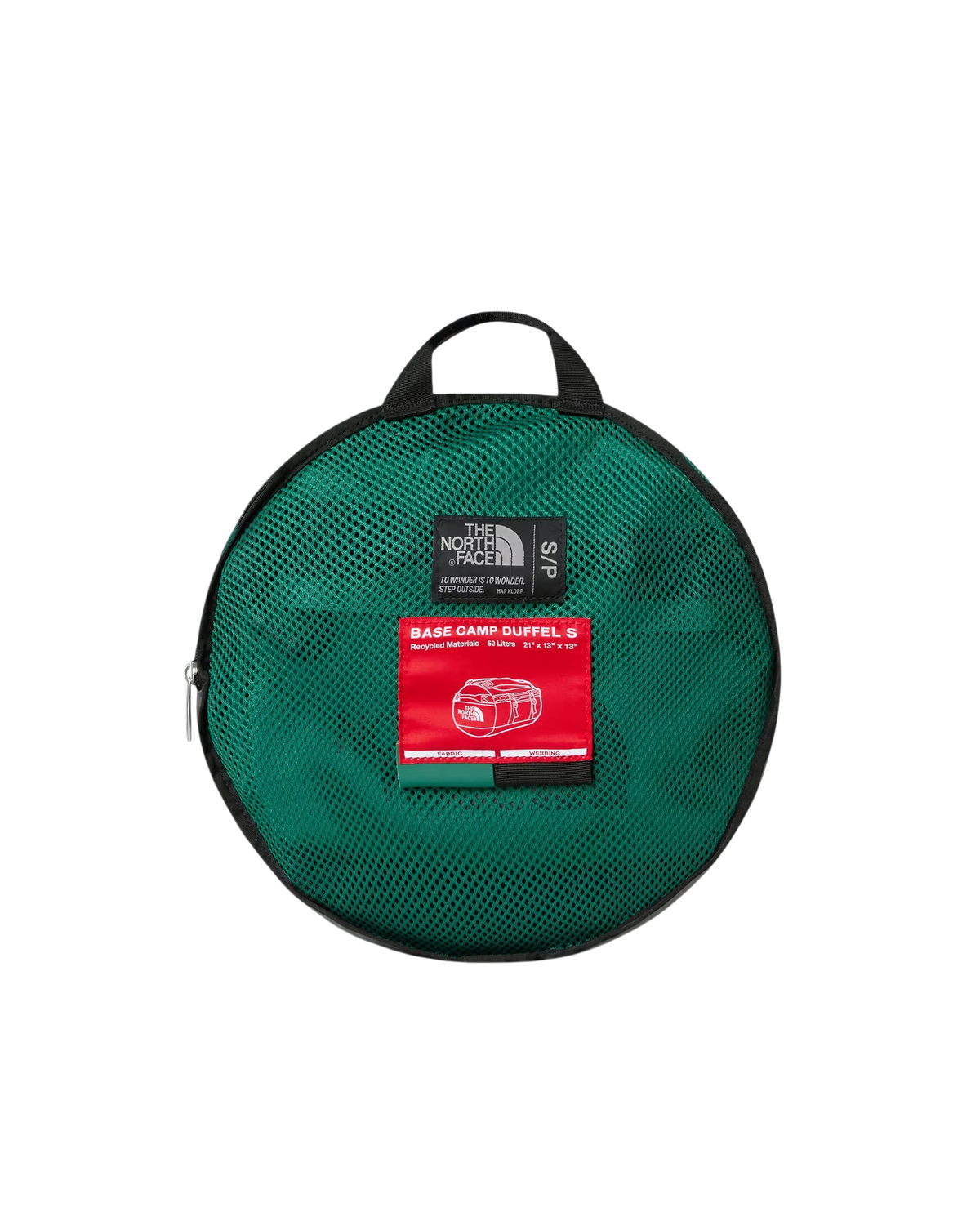 Custodia circolare in rete verde per borsone Blaze Shop The North Face Base Camp Duffel 50L con etichetta rossa