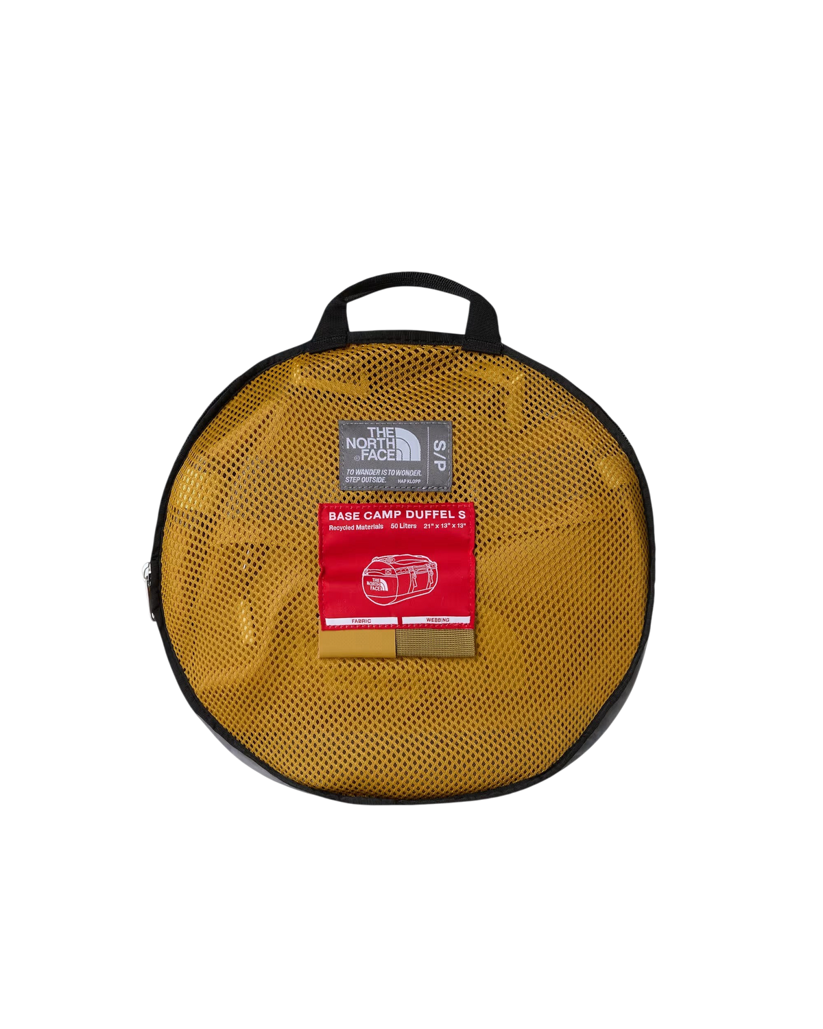 Borsone Blaze Shop The North Face Base Camp Duffel 50L riposto nella sua custodia circolare in rete color senape