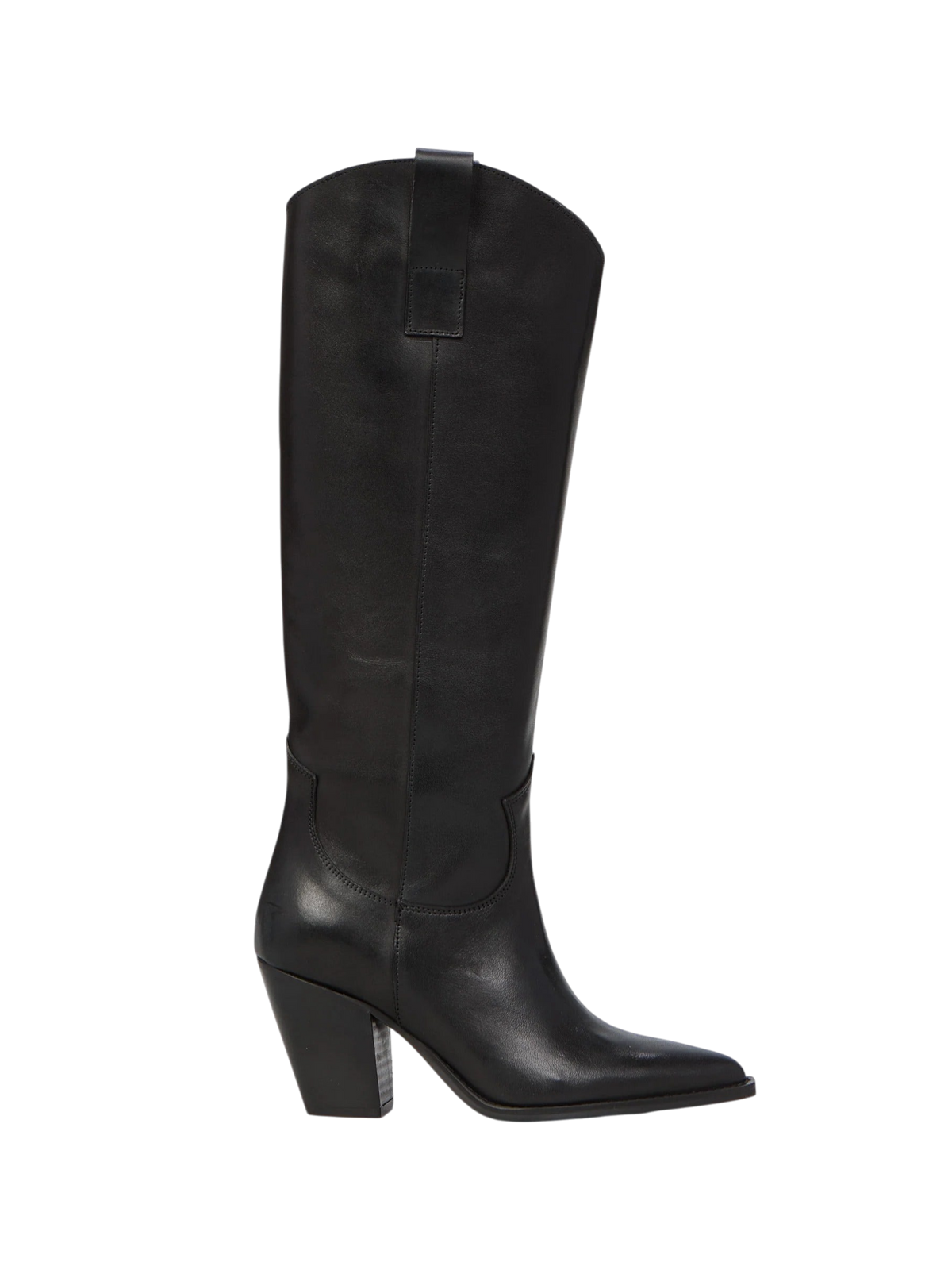 Stivale texano Blaze Shop in pelle nera con punta affusolata, gambale alto e tacco da 8 cm, stile essenziale.