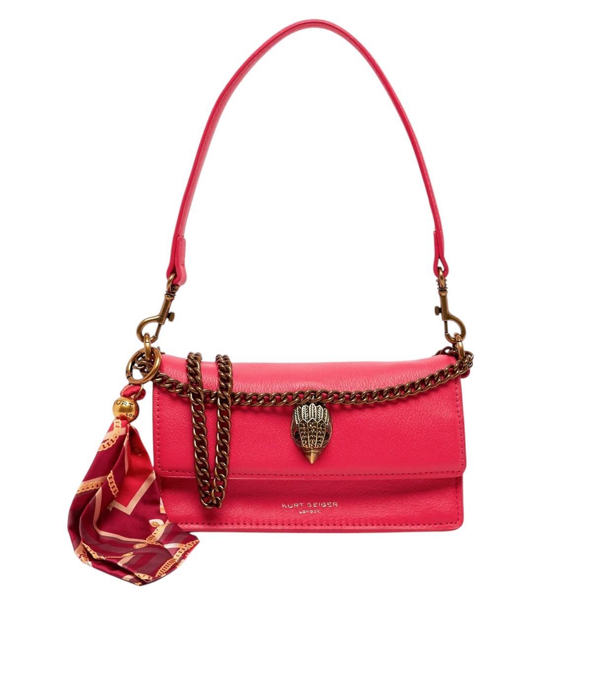 Borsa a spalla Blaze Shop Kurt Geiger Sloane Soft in pelle fucsia con catena dorata e foulard decorativo coordinato