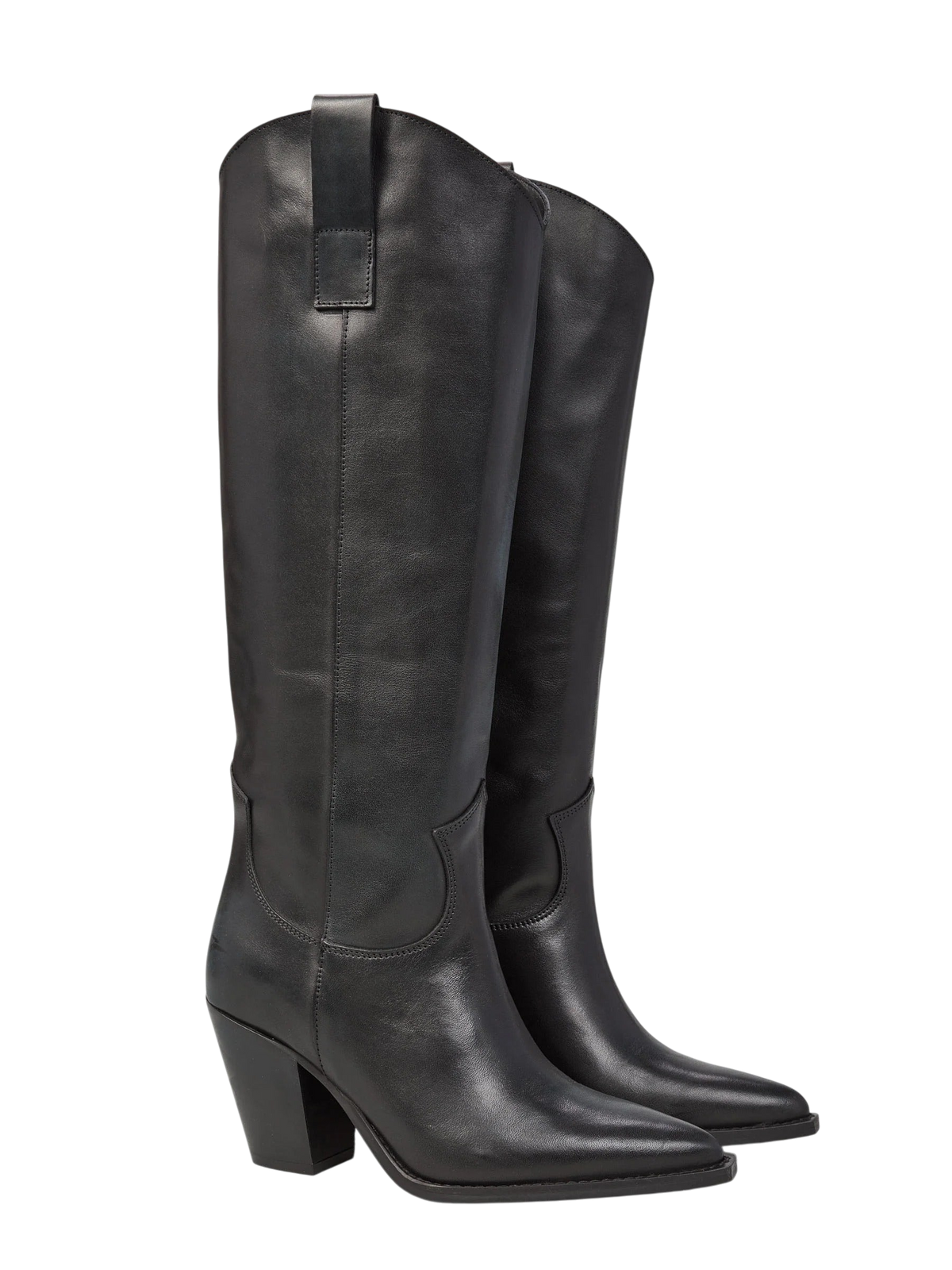 Stivali texani Blaze Shop in pelle nera con punta affusolata, gambale alto e tacco da 8 cm, stile essenziale.