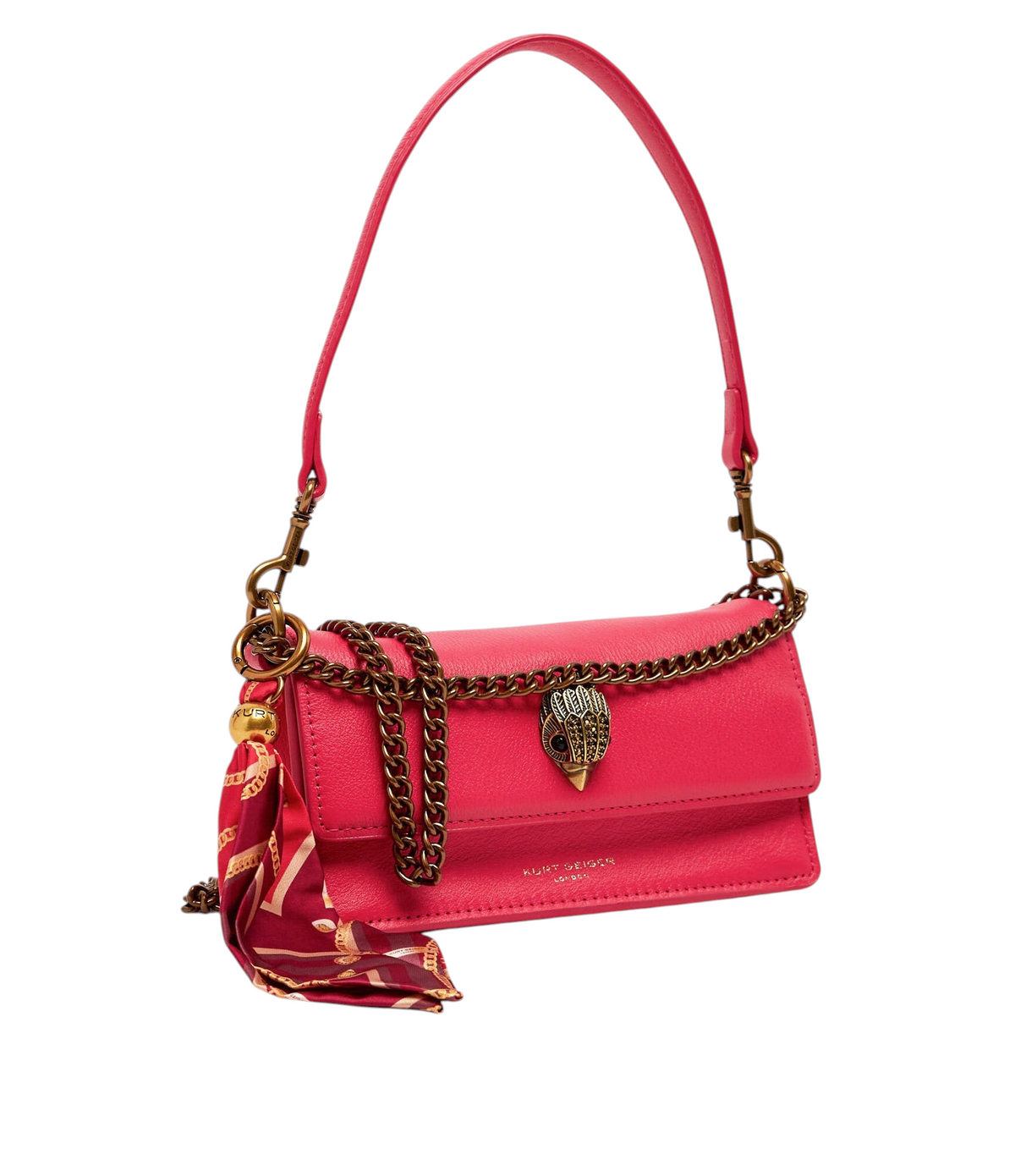 Borsa a spalla Blaze Shop Kurt Geiger Sloane Soft in pelle fucsia con catena dorata e foulard decorativo coordinato