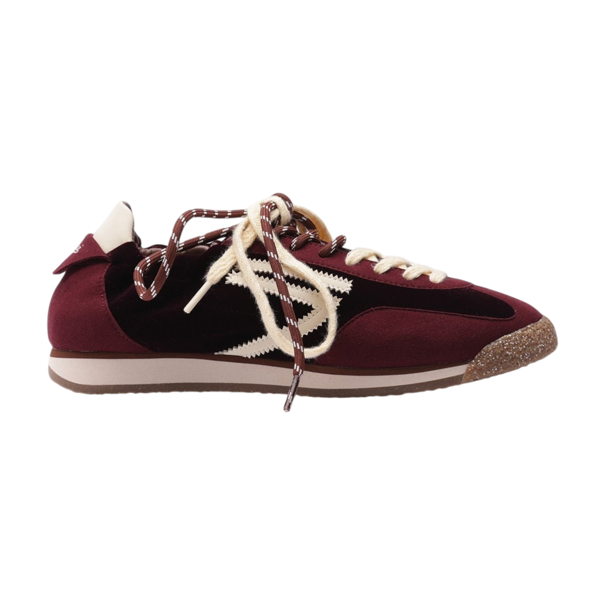 Sneaker Blaze Shop PURAAI Panther Wine in velluto bordeaux con dettagli off-white e suola glitterata bicolore