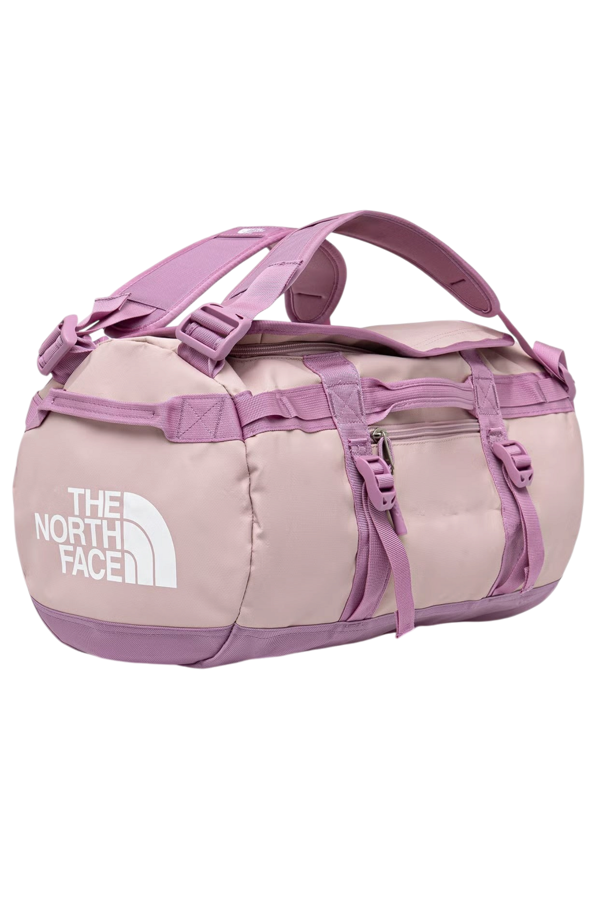 Borsone Blaze Shop The North Face Base Camp Duffel 50L rosa metallizzato con spallacci regolabili e logo bianco