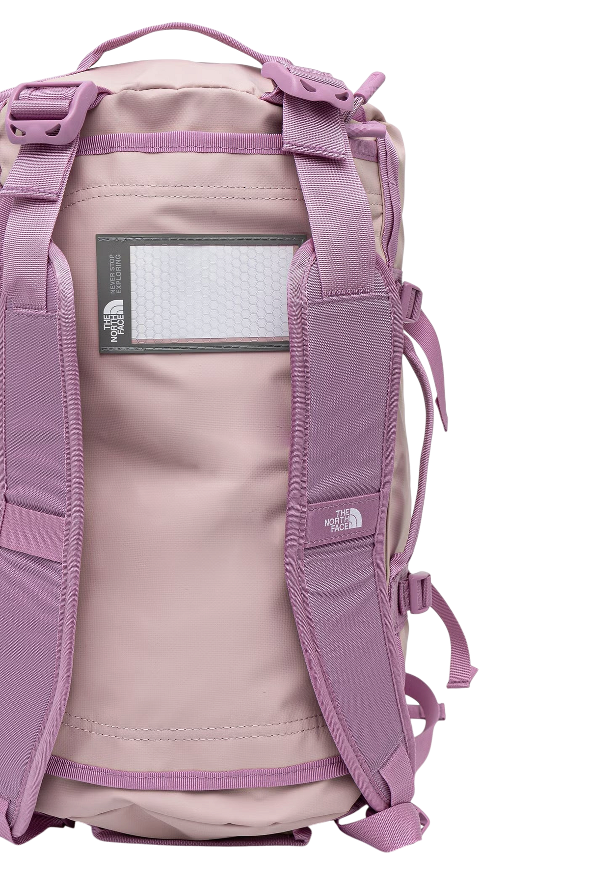 Borsone Blaze Shop The North Face Base Camp Duffel 50L rosa metallizzato con spallacci ergonomici e tasca porta ID