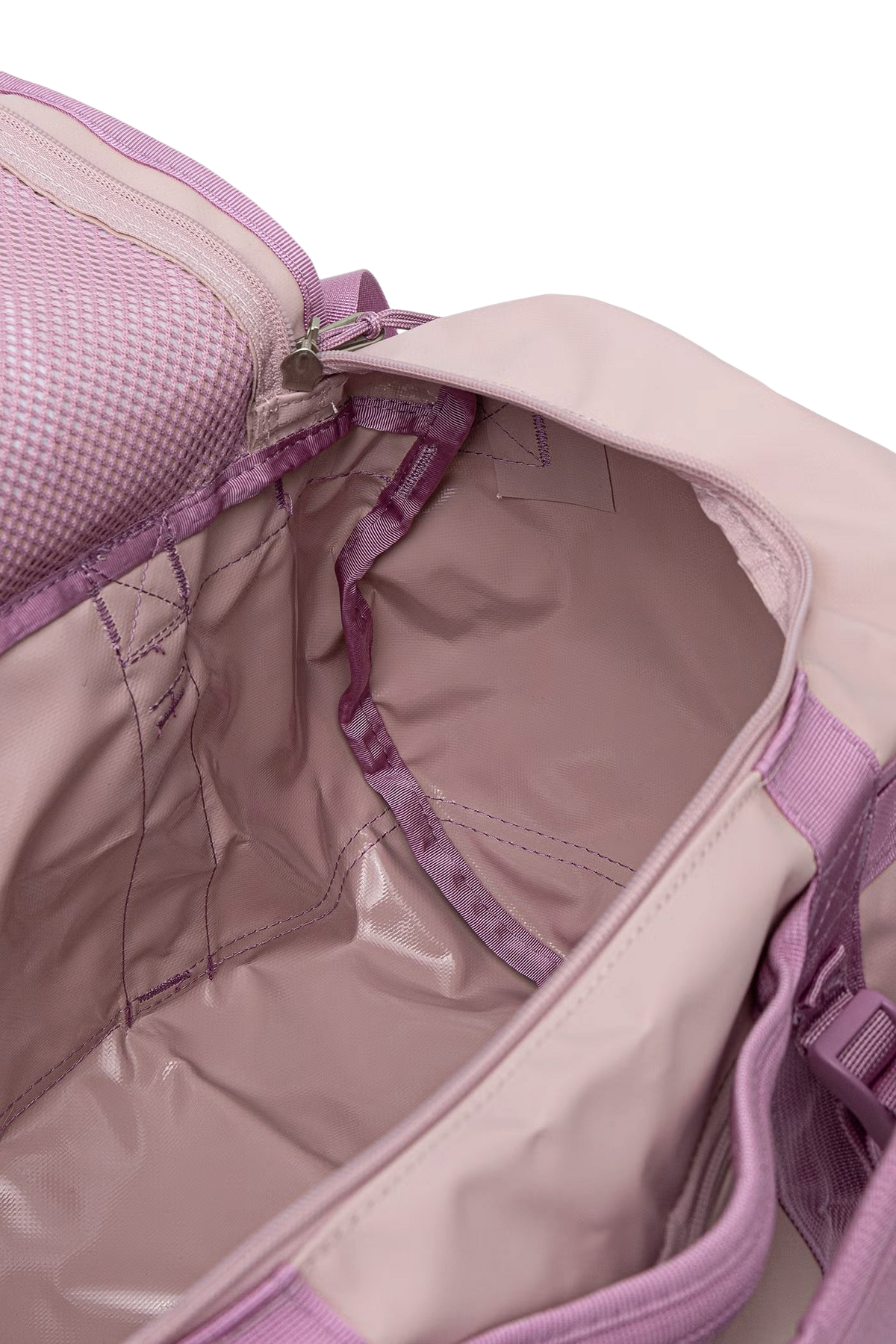 Interno del borsone Blaze Shop The North Face Base Camp Duffel 50L in rosa metallizzato con tasca in rete