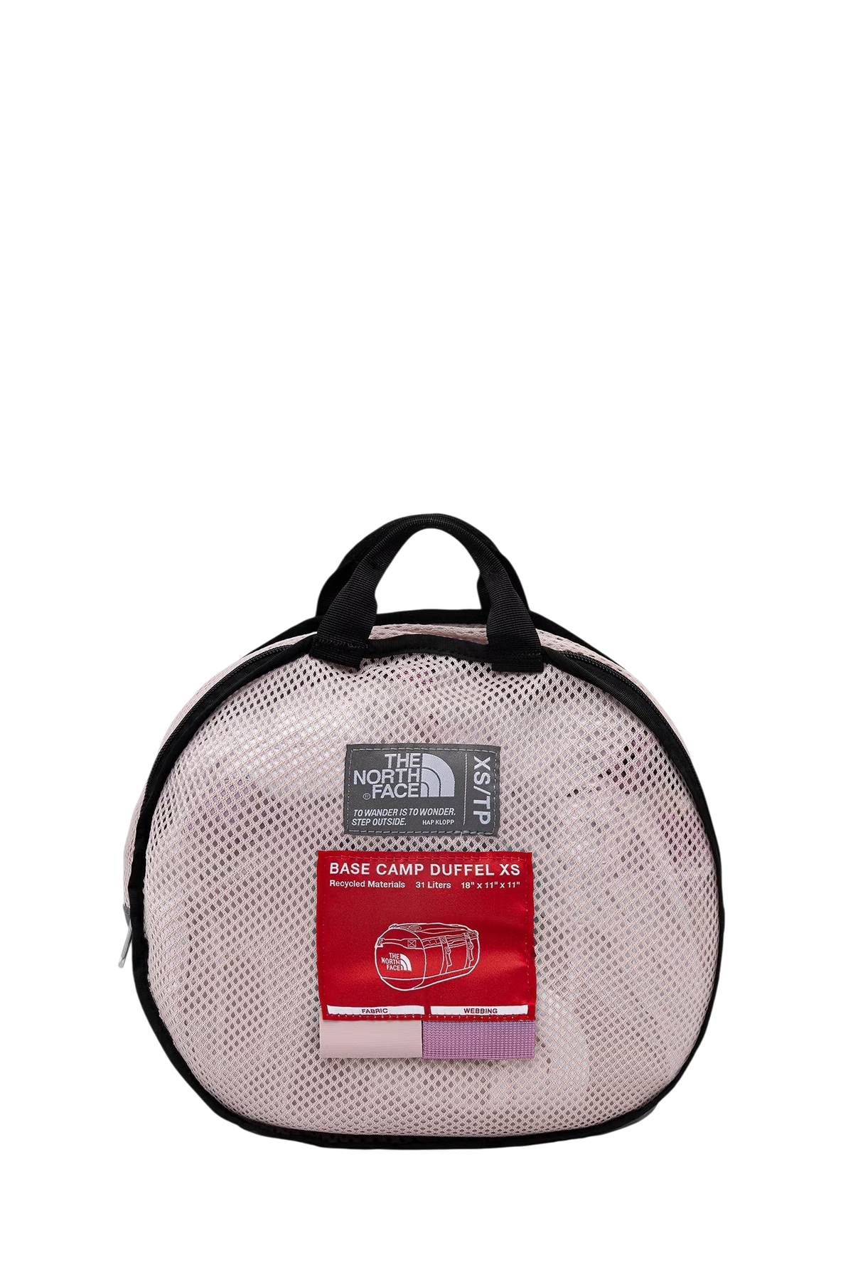 Borsa portaoggetti in rete rosa Blaze Shop per The North Face Base Camp Duffel con etichetta informativa