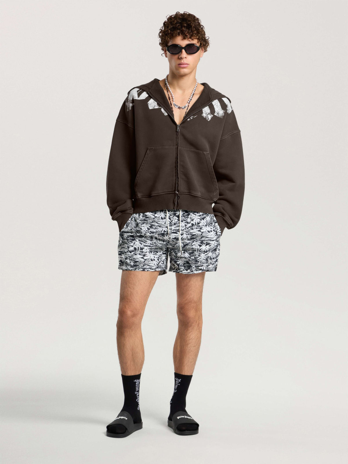 PALM ANGELS Big Neck Logo Zip Loose Hoodie BROWN - OFF WHITE