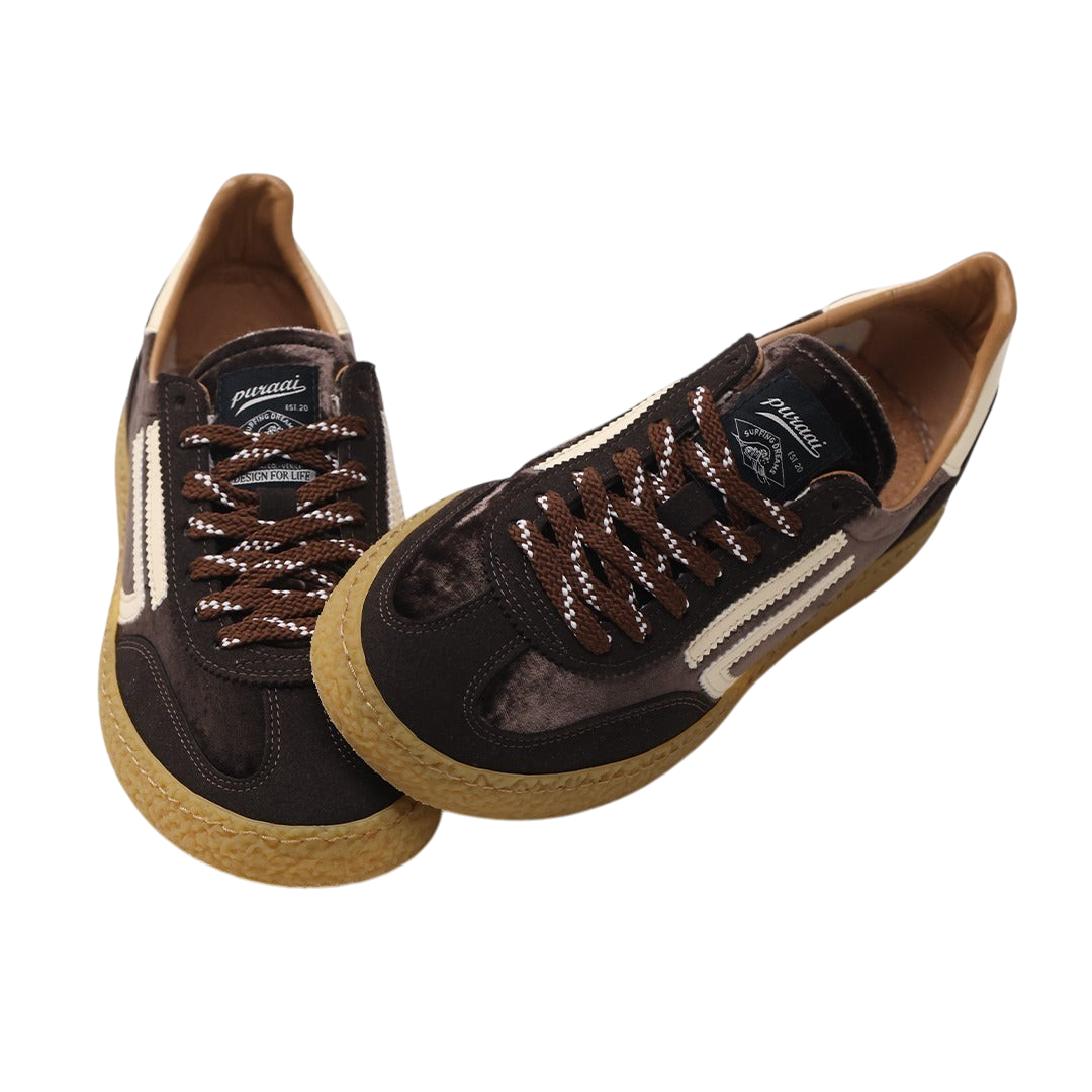 Sneakers Blaze Shop PURAAI XS in velluto marrone con suola in gomma testurizzata e dettagli a contrasto avorio