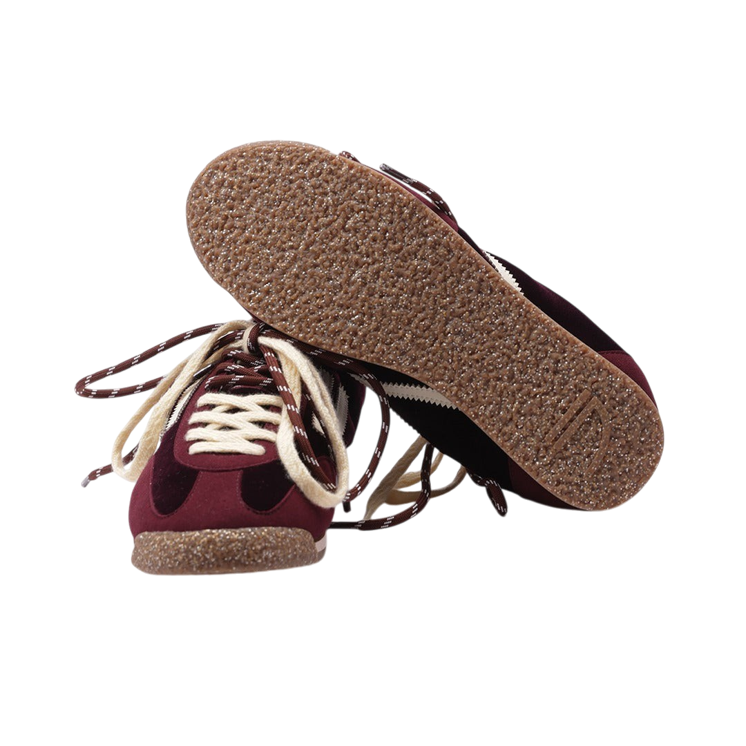 Sneaker Blaze Shop PURAAI Panther Wine in velluto bordeaux con suola glitterata e doppi lacci avorio e marroni
