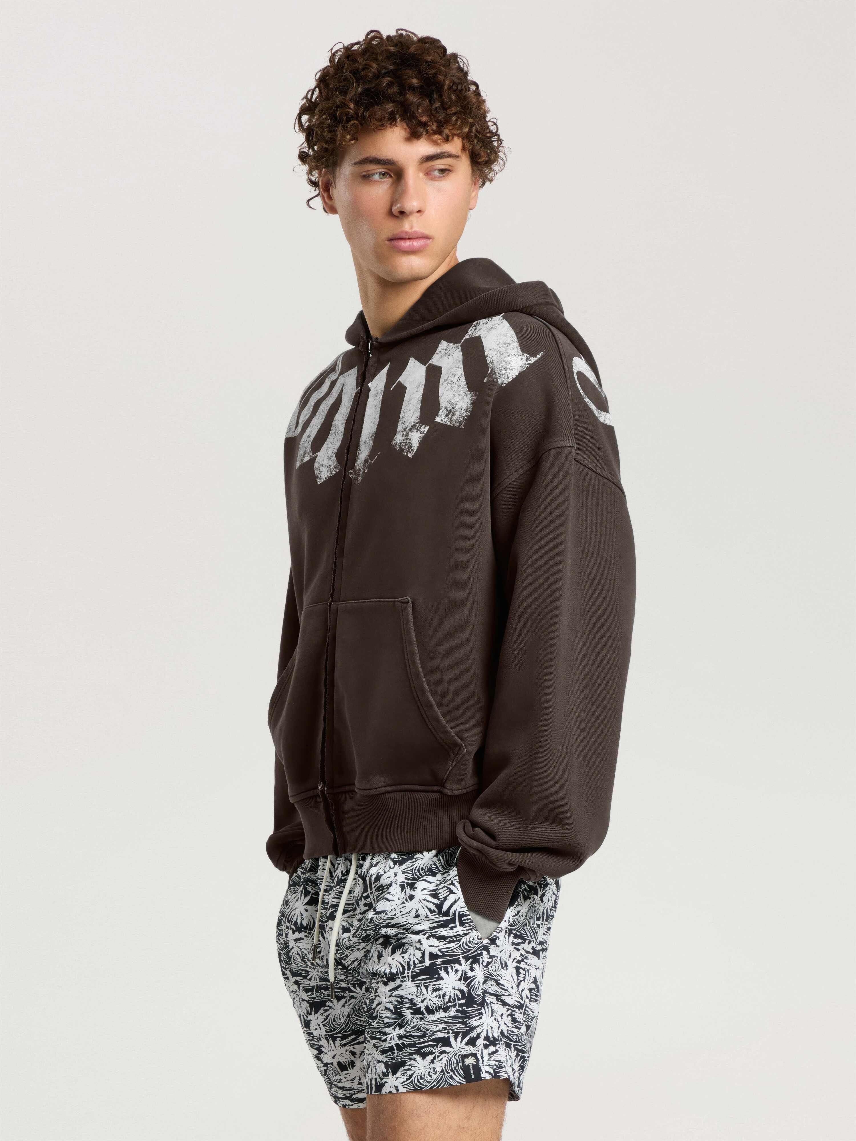 PALM ANGELS Big Neck Logo Zip Loose Hoodie BROWN - OFF WHITE