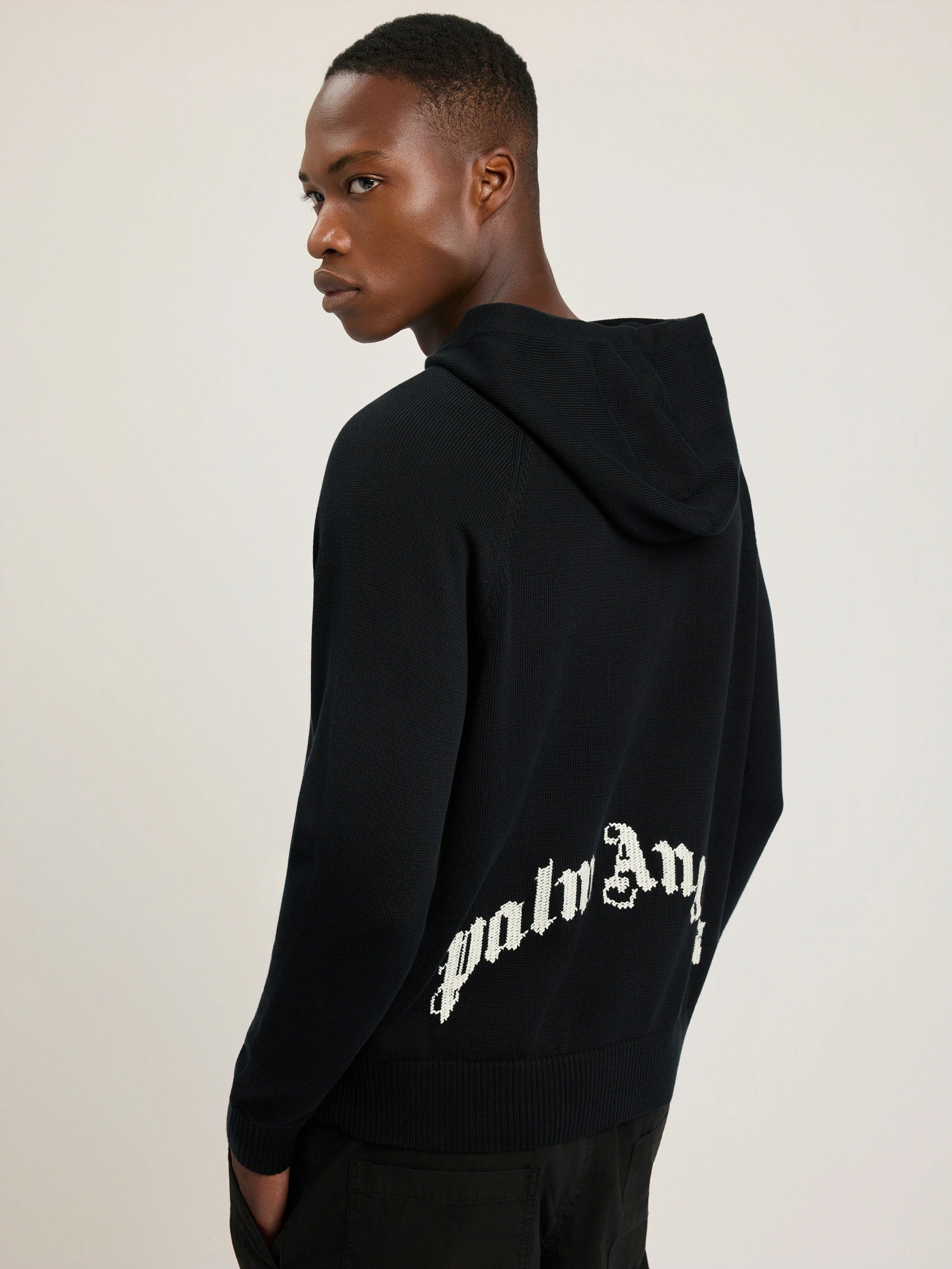 PALM ANGELS Curved Logo Regular Knit Hoodie BLACK - OFF WHITE