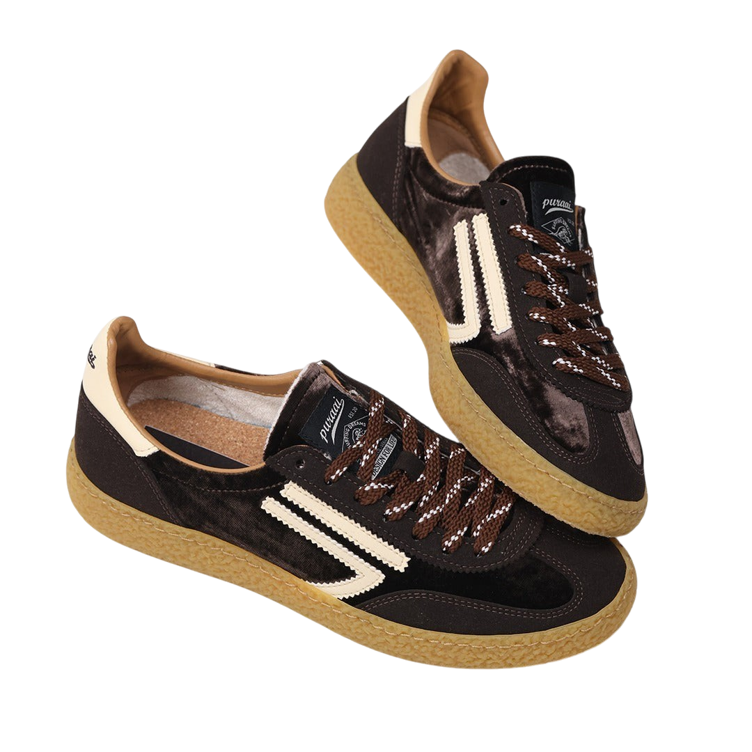 Sneakers Blaze Shop PURAAI XS Tiramisu in velluto marrone con suola in gomma color cioccolato e dettagli avorio